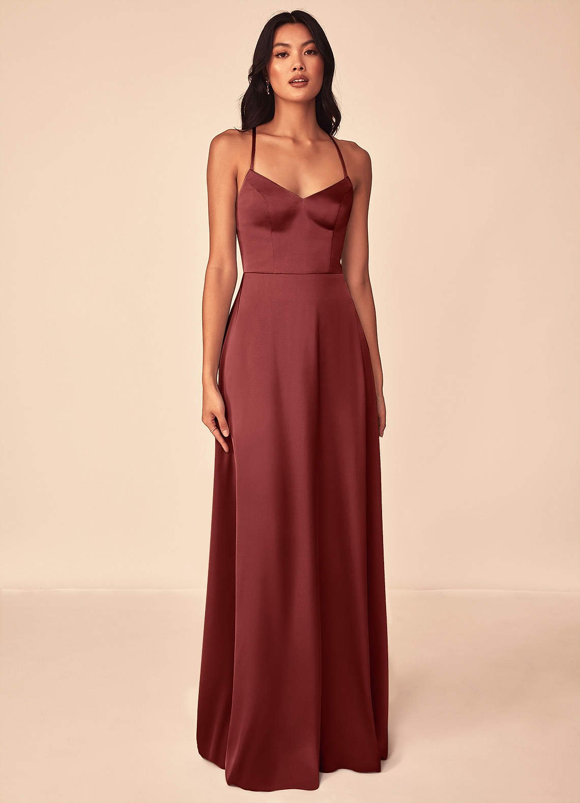 Mei A-Line V-Neck Stretch Satin Bridesmaid Dress in Terracotta