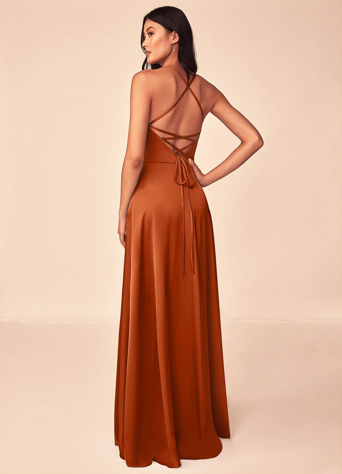 Mei A-Line V-Neck Stretch Satin Bridesmaid Dress in Burnt Orange