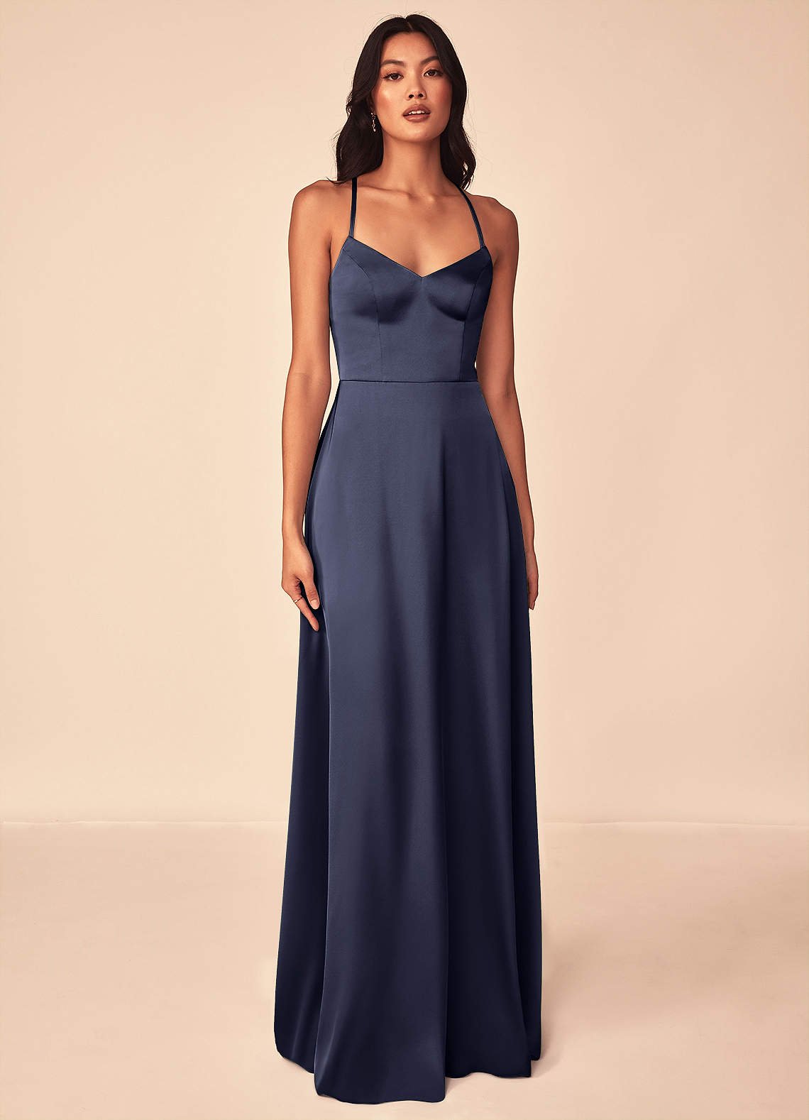 Mei A-Line V-Neck Stretch Satin Bridesmaid Dress in Stormy