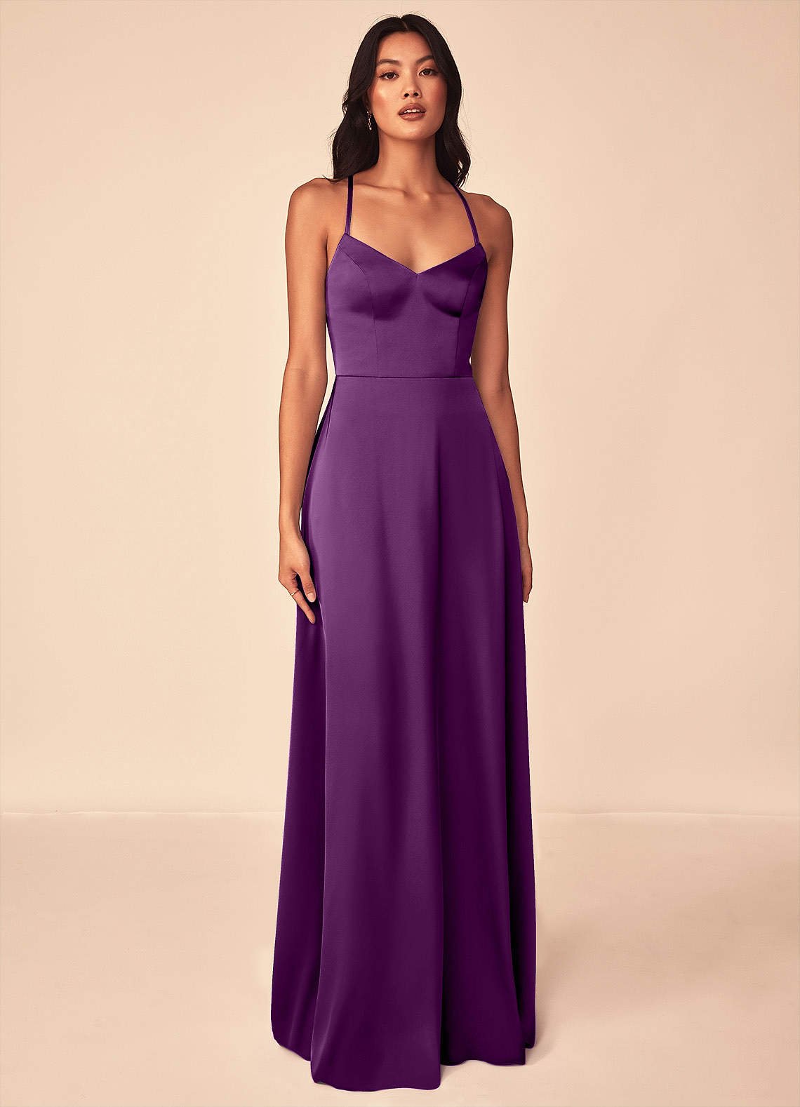 Mei A-Line V-Neck Stretch Satin Bridesmaid Dress in Grape