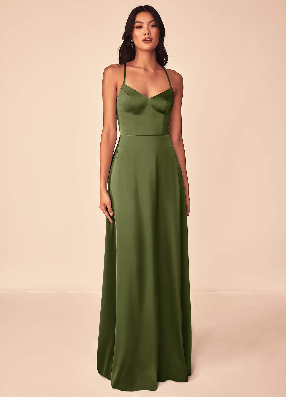 Mei A-Line V-Neck Stretch Satin Bridesmaid Dress in Olive