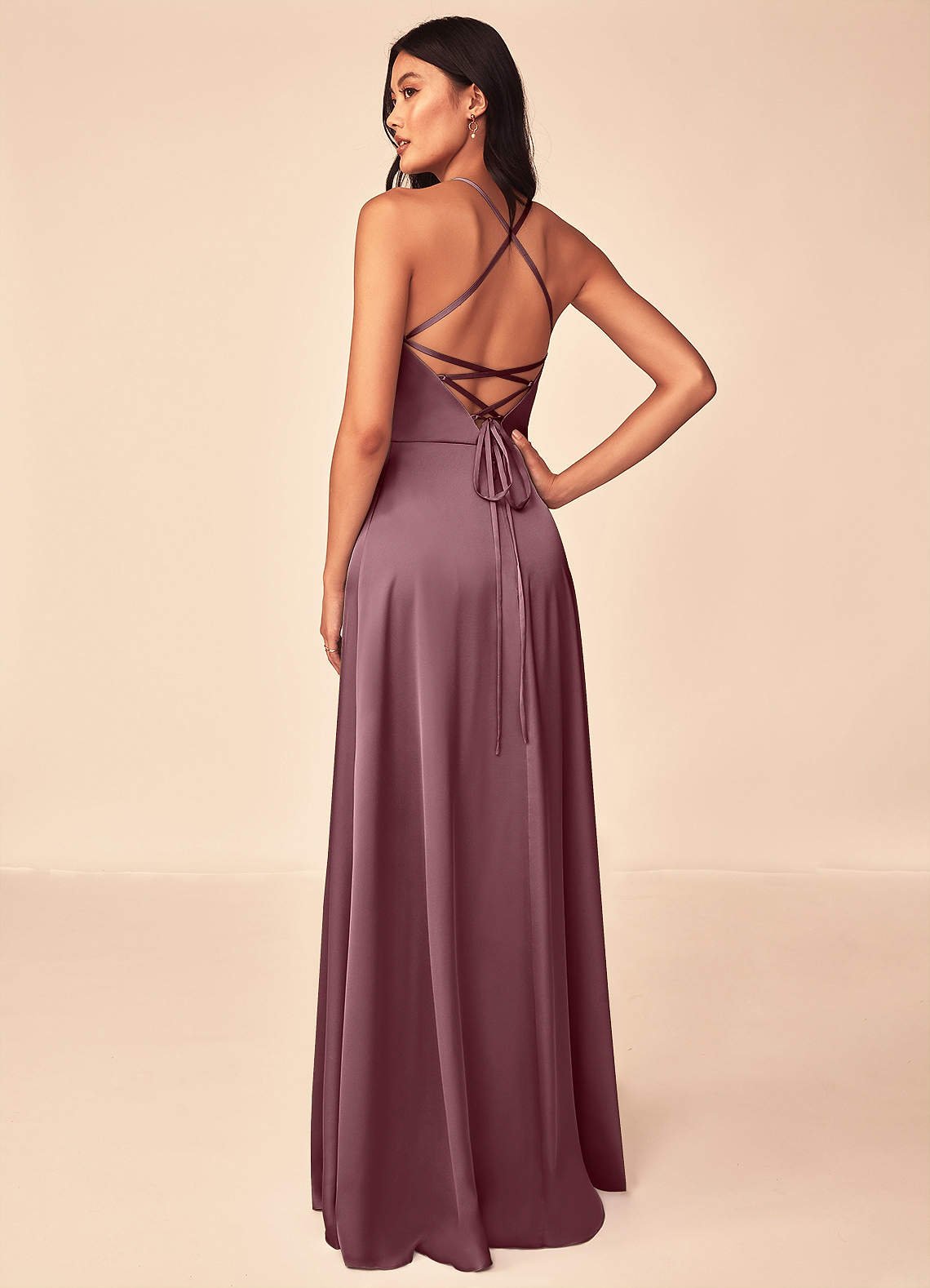 Mei A-Line V-Neck Stretch Satin Bridesmaid Dress in Amethyst