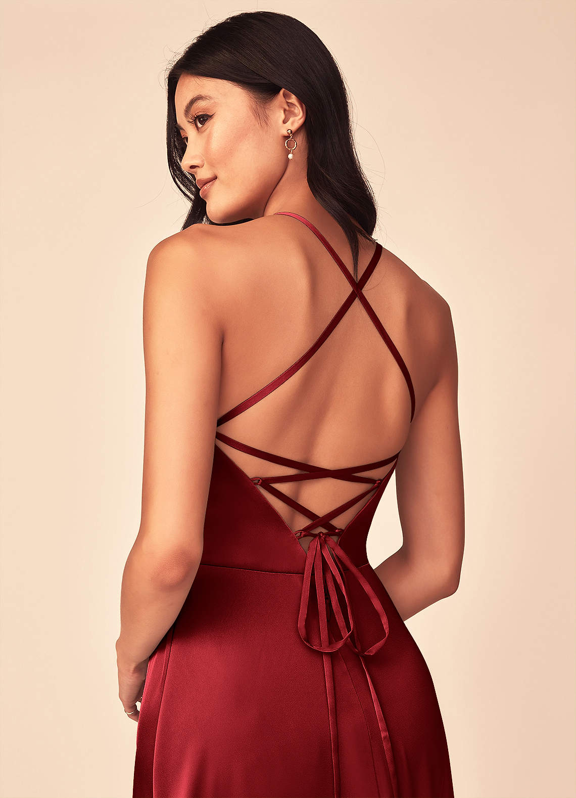 Mei A-Line V-Neck Stretch Satin Bridesmaid Dress in Scarlet