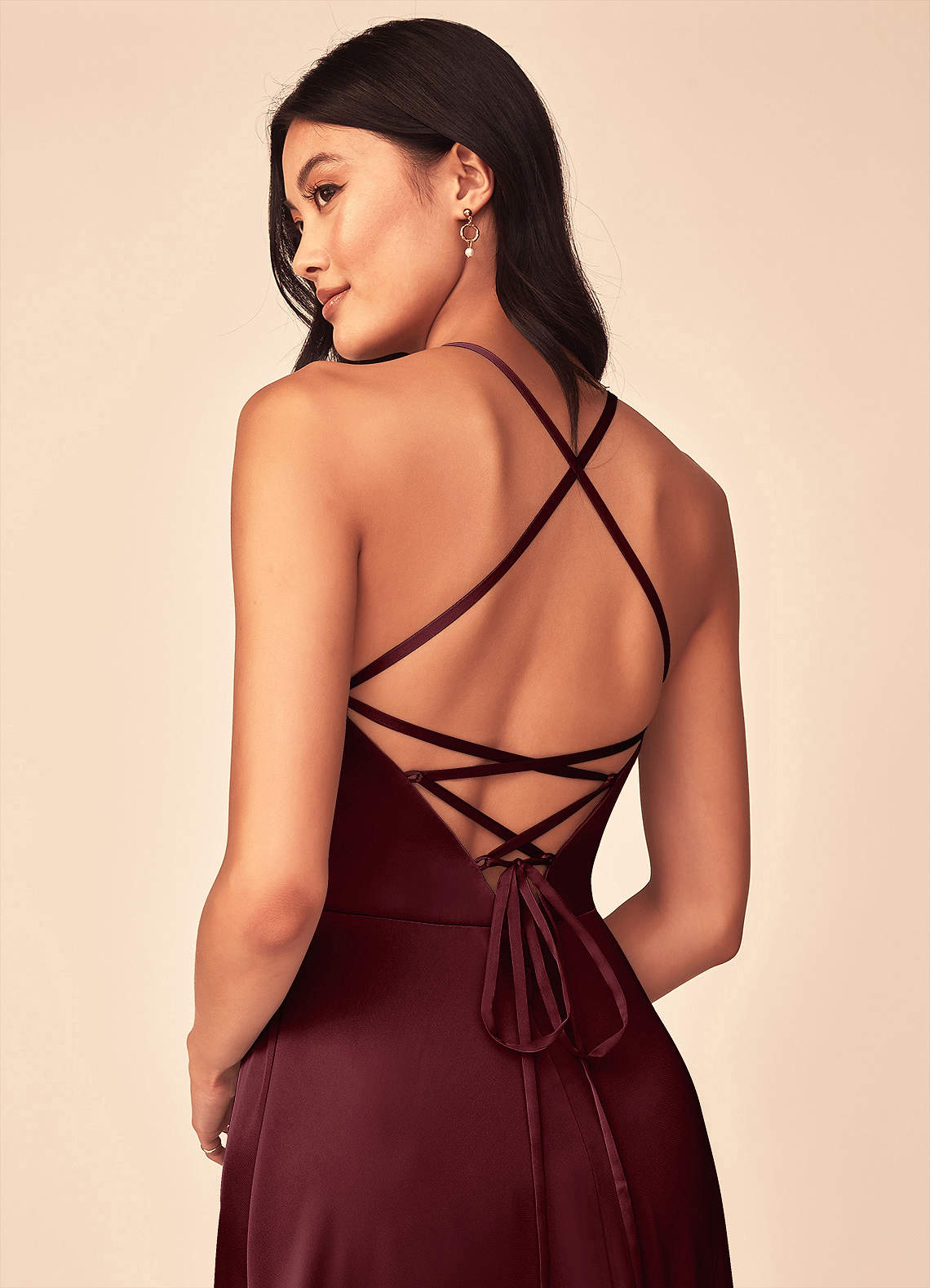 Mei A-Line V-Neck Stretch Satin Bridesmaid Dress in Cabernet