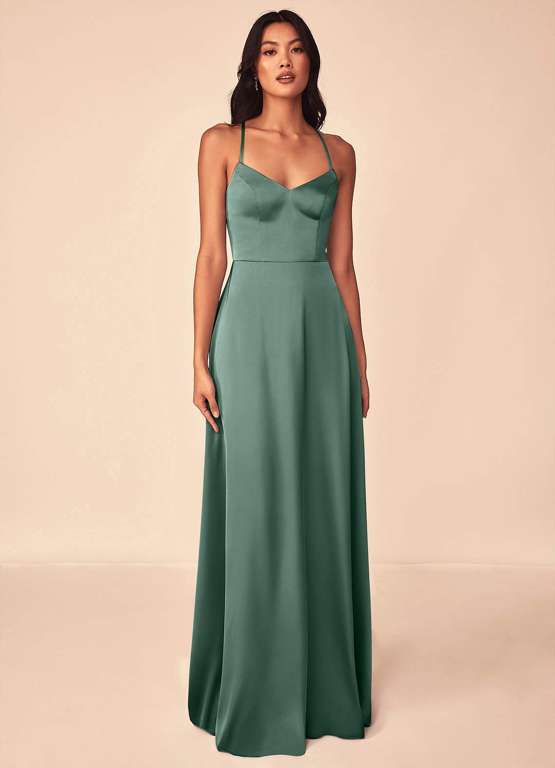 Mei A-Line V-Neck Stretch Satin Bridesmaid Dress in Eucalyptus