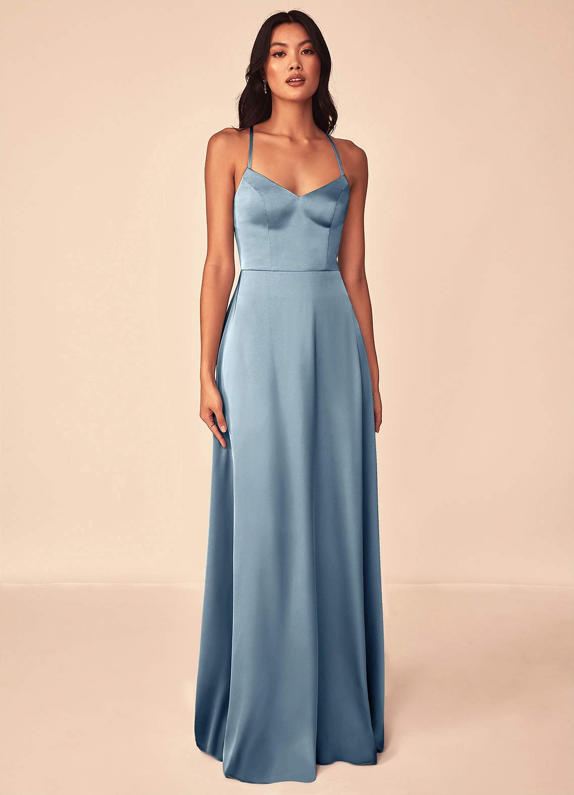 Mei A-Line V-Neck Stretch Satin Bridesmaid Dress in dusty blue