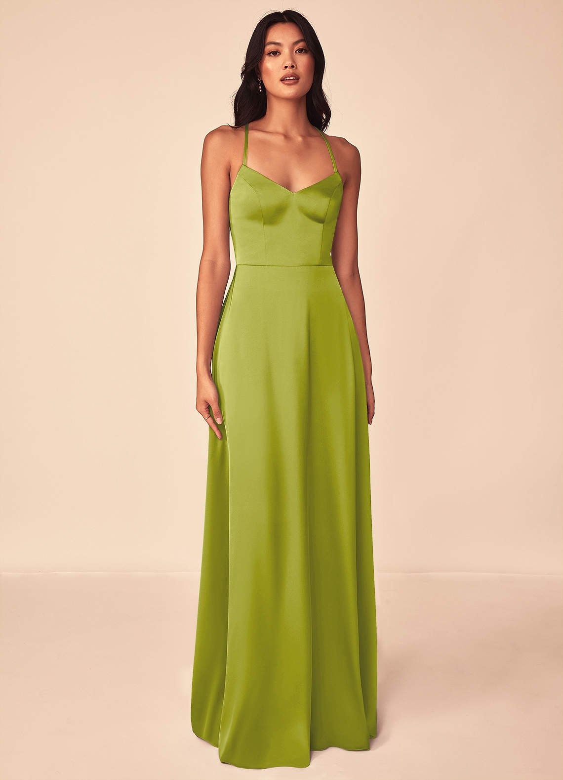 Mei A-Line V-Neck Stretch Satin Bridesmaid Dress in Lemongrass