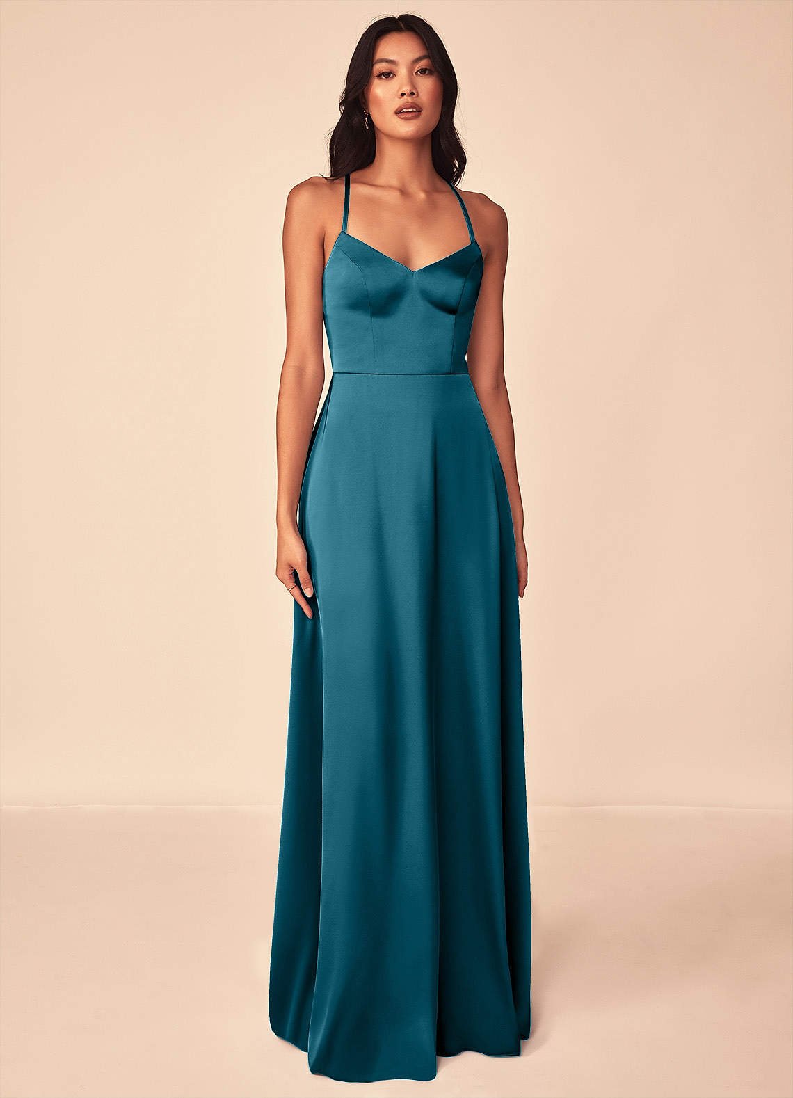 Mei A-Line V-Neck Stretch Satin Bridesmaid Dress in Ink Blue