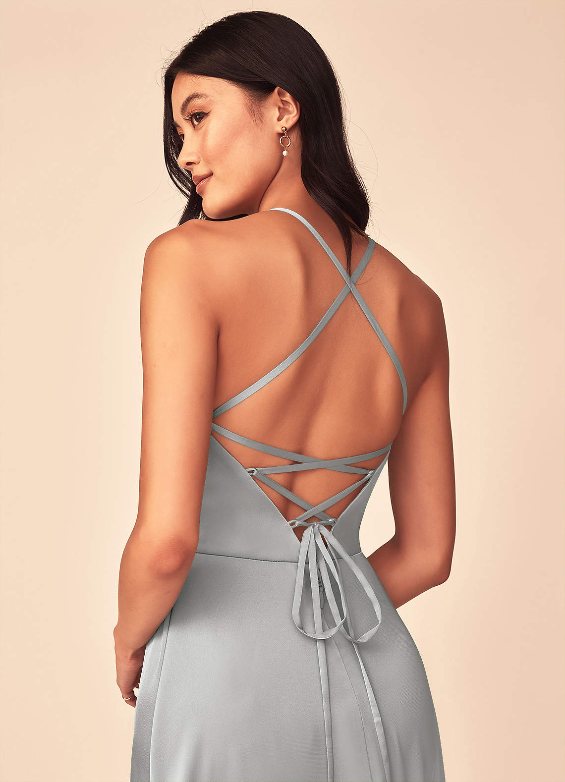 Mei A-Line V-Neck Stretch Satin Bridesmaid Dress in Silver