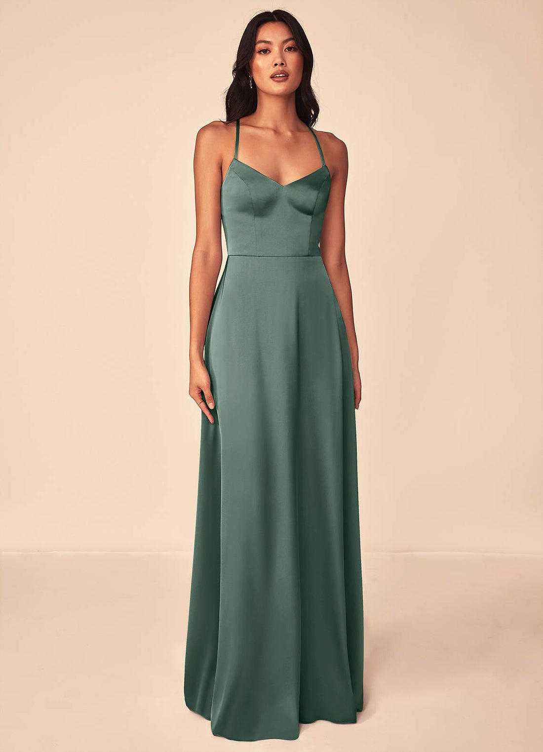 Mei A-Line V-Neck Stretch Satin Bridesmaid Dress in Sea Moss