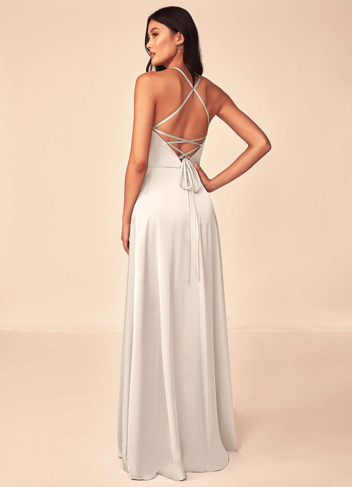 Mei A-Line V-Neck Stretch Satin Bridesmaid Dress in White Alabaster