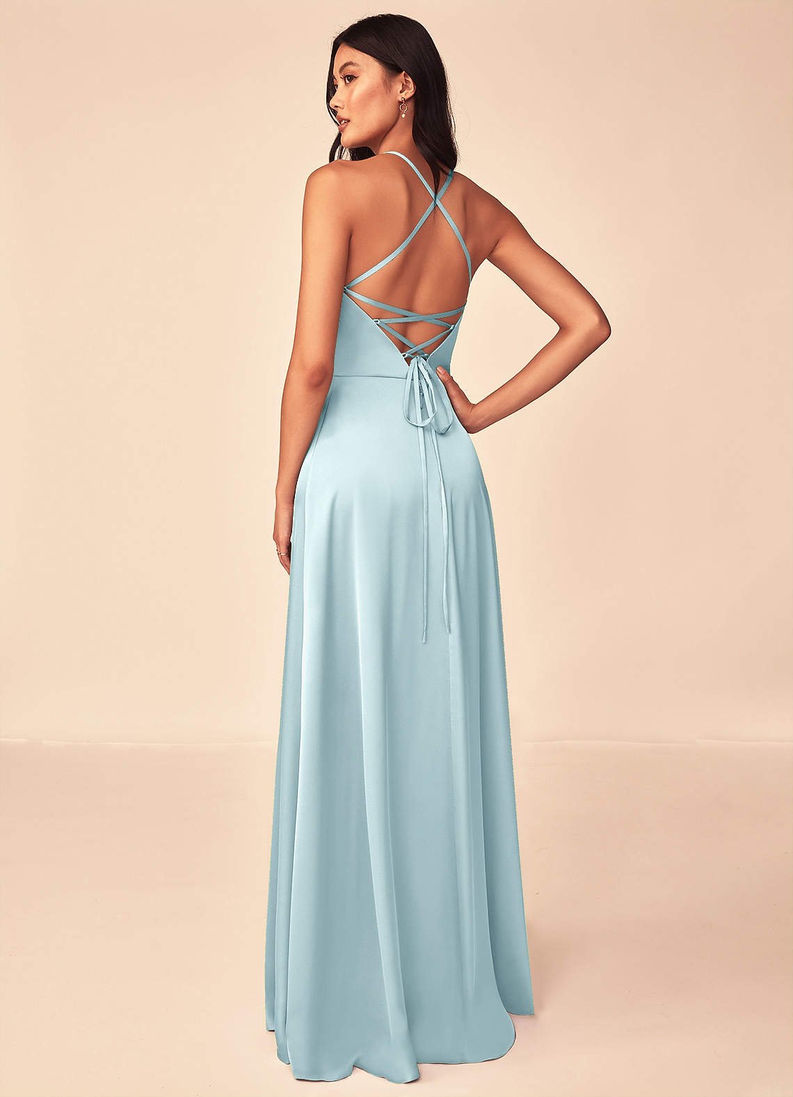 Mei A-Line V-Neck Stretch Satin Bridesmaid Dress in Cloud Blue