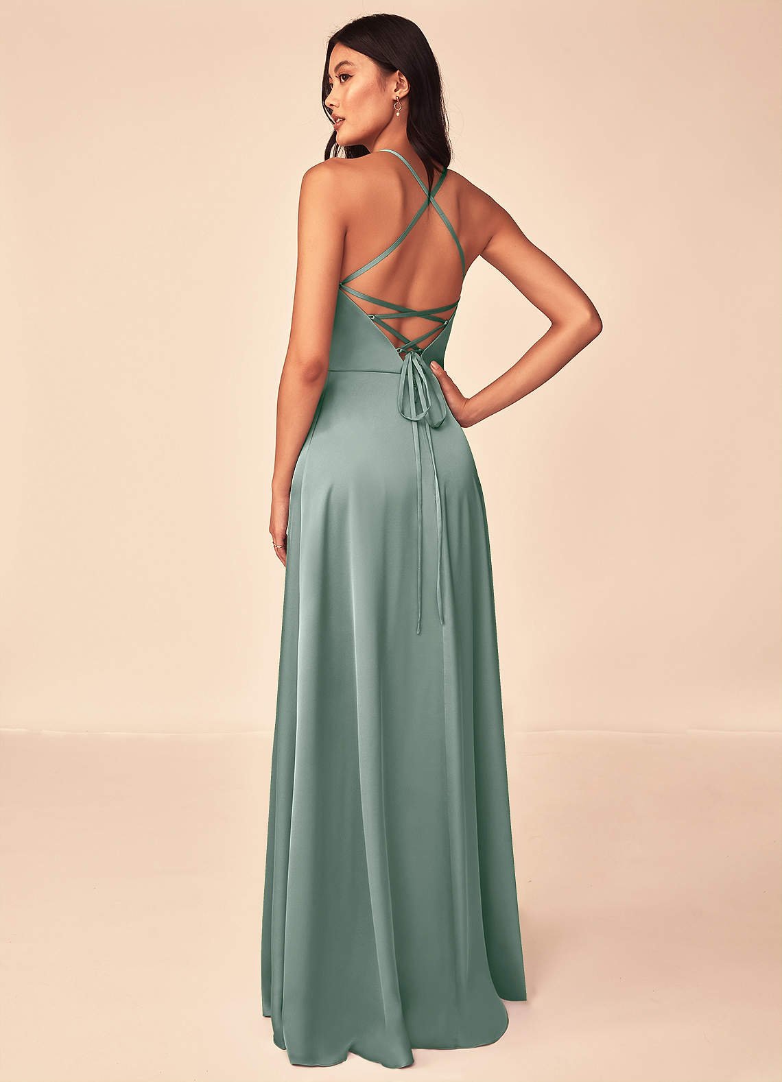 Mei A-Line V-Neck Stretch Satin Bridesmaid Dress in Silver Sage