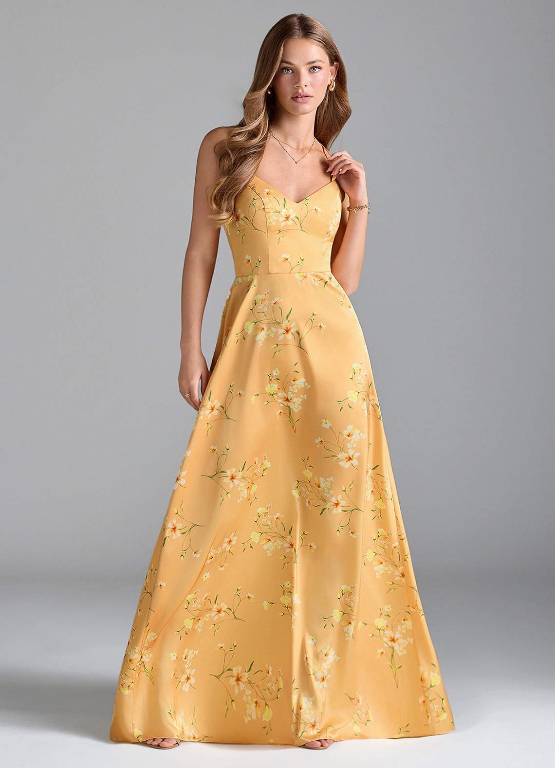 Mei A-Line V-Neck Stretch Satin Bridesmaid Dress in Golden Blooms