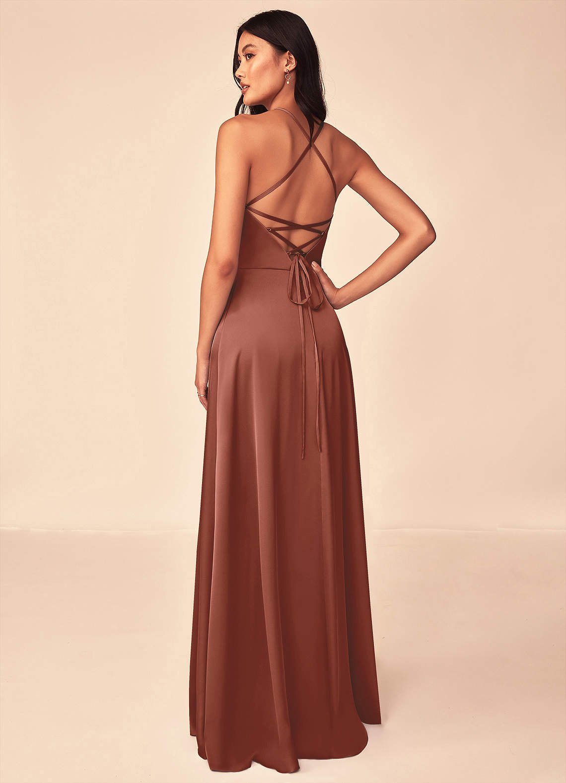 Mei A-Line V-Neck Stretch Satin Bridesmaid Dress in Auburn