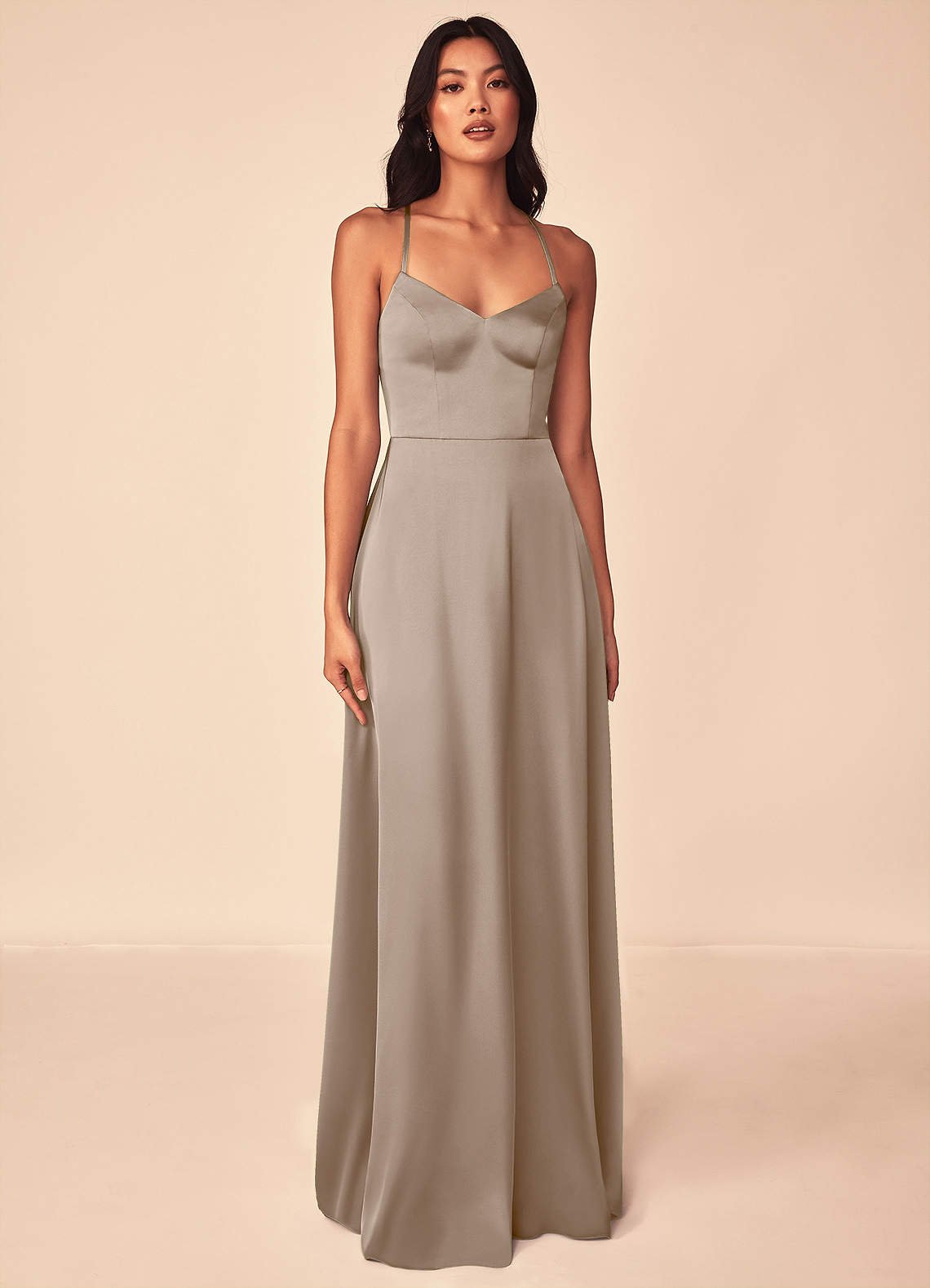 Mei A-Line V-Neck Stretch Satin Bridesmaid Dress in Taupe