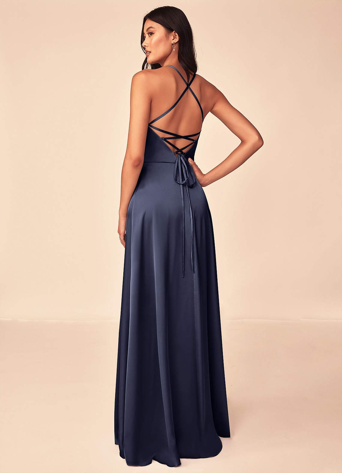Mei A-Line V-Neck Stretch Satin Bridesmaid Dress in Stormy
