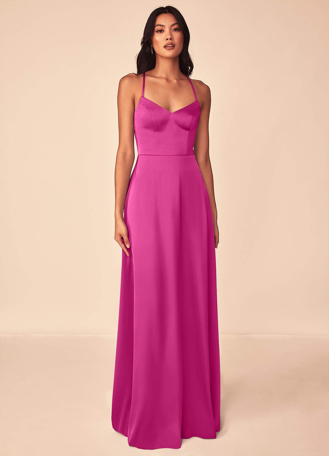Mei A-Line V-Neck Stretch Satin Bridesmaid Dress in Fuchsia