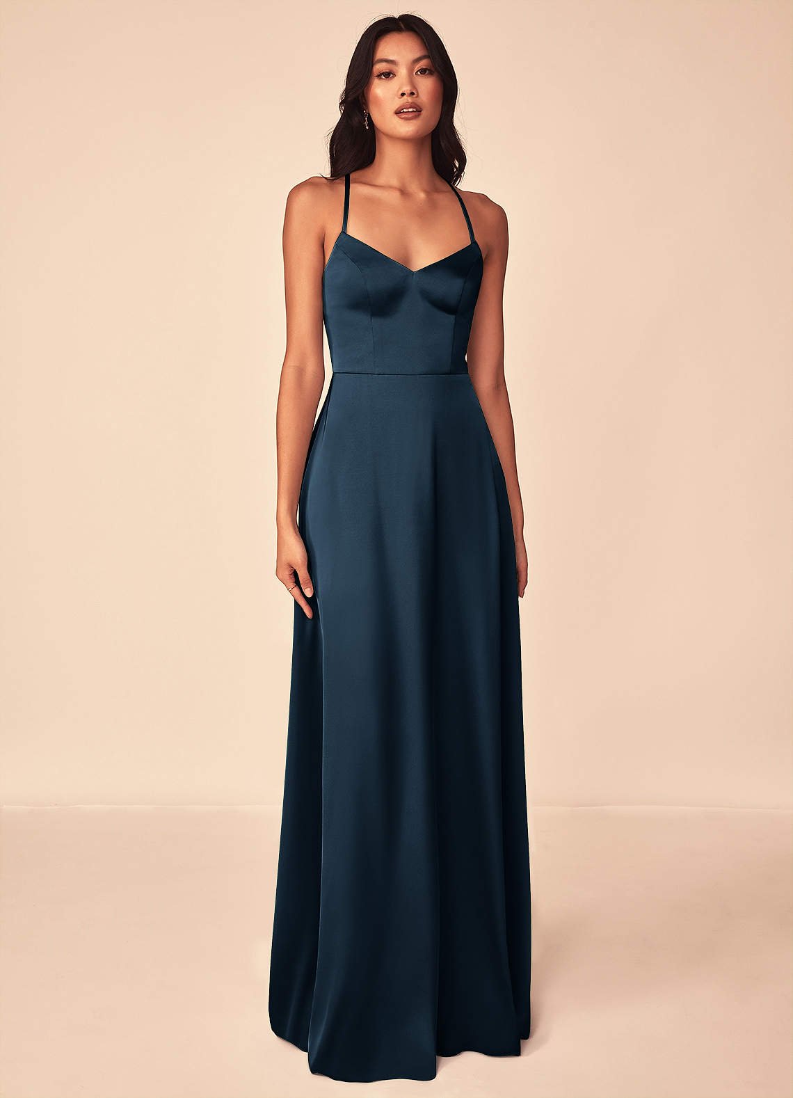 Mei A-Line V-Neck Stretch Satin Bridesmaid Dress in Dark Navy