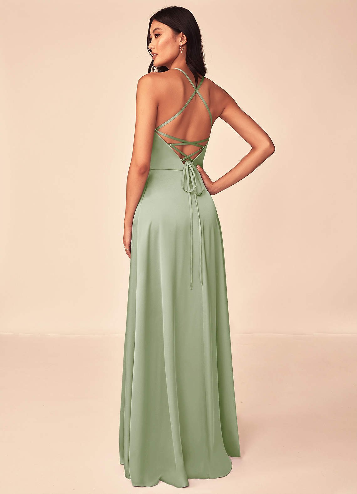 Mei A-Line V-Neck Stretch Satin Bridesmaid Dress in Dusty Sage
