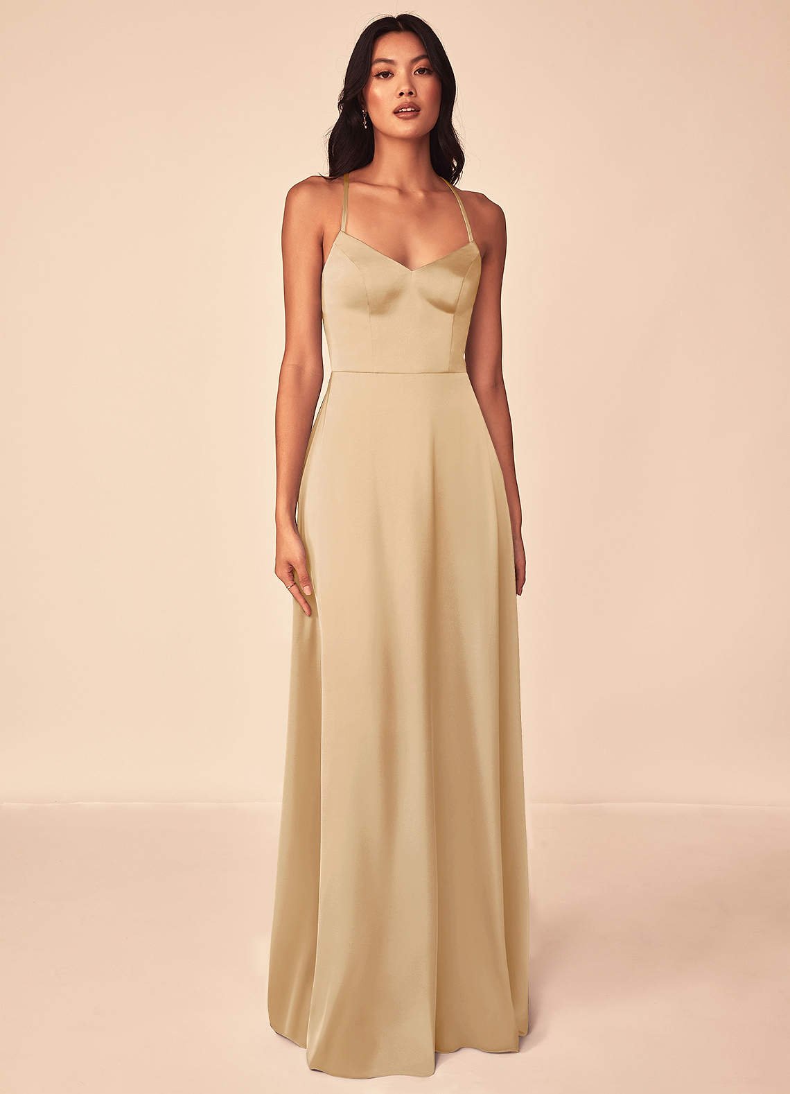 Mei A-Line V-Neck Stretch Satin Bridesmaid Dress in Gold