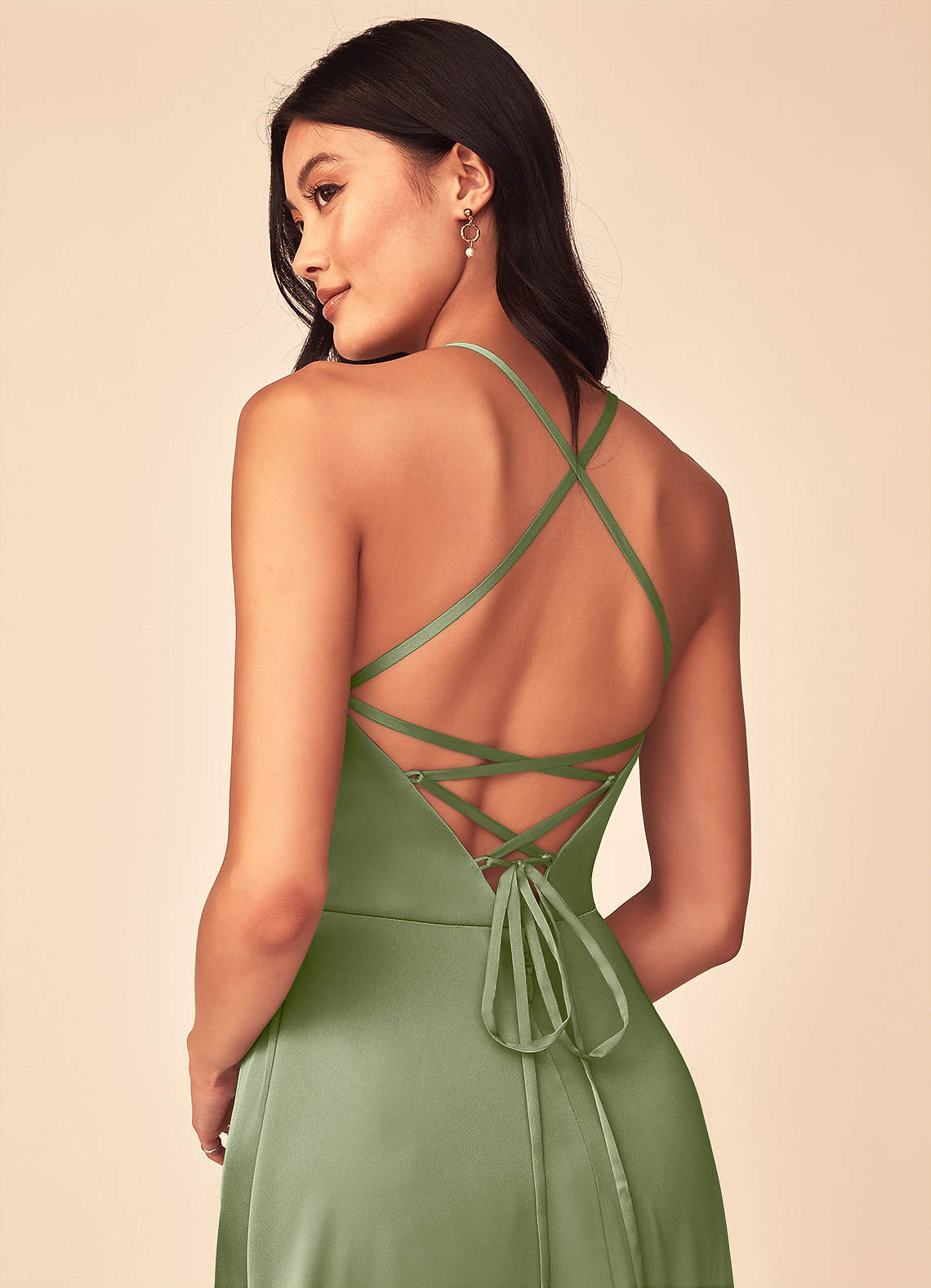 Mei A-Line V-Neck Stretch Satin Bridesmaid Dress in Pistachio