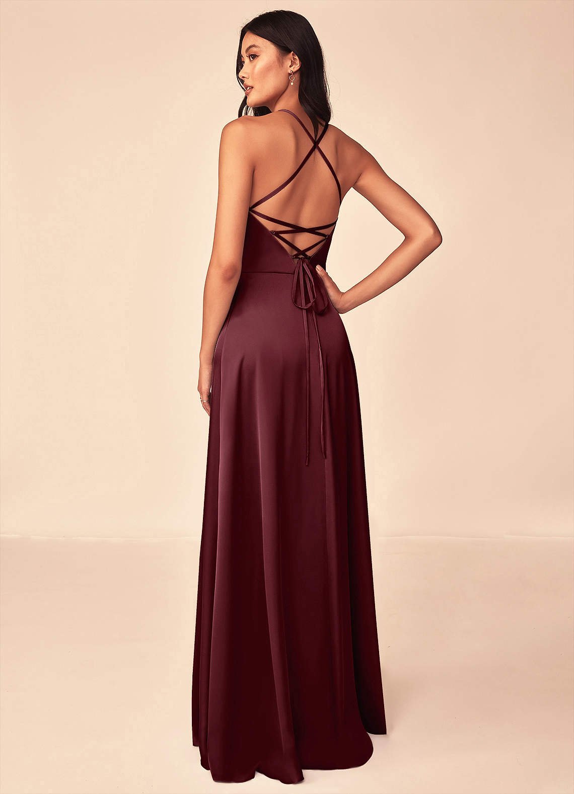 Mei A-Line V-Neck Stretch Satin Bridesmaid Dress in Cabernet