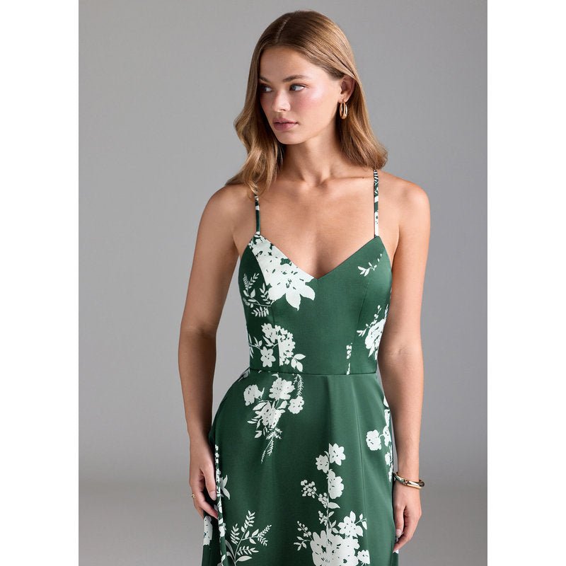 Mei A-Line V-Neck Stretch Satin Bridesmaid Dress in Green Botanicals - official gallery view 6