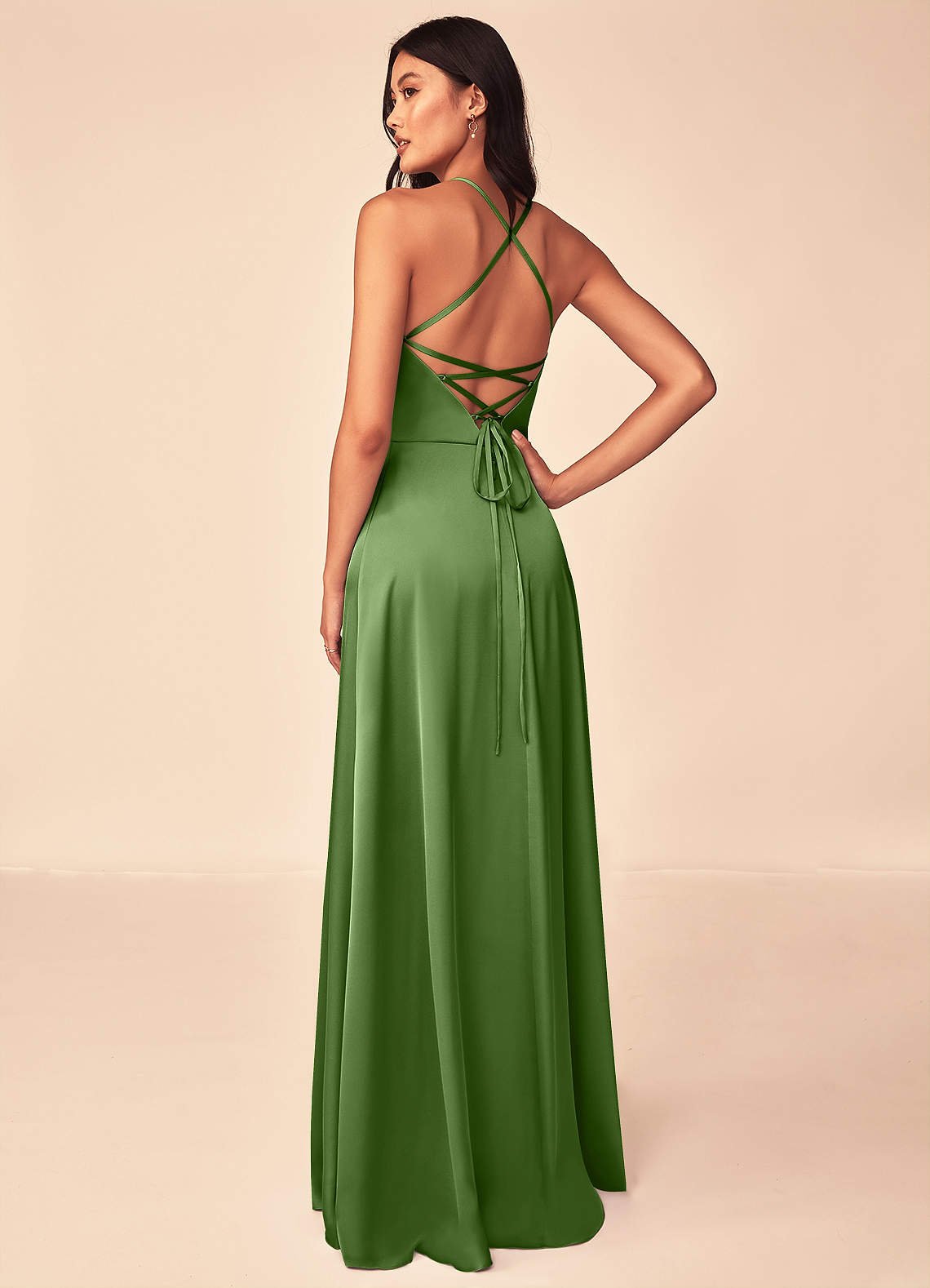 Mei A-Line V-Neck Stretch Satin Bridesmaid Dress in Basil