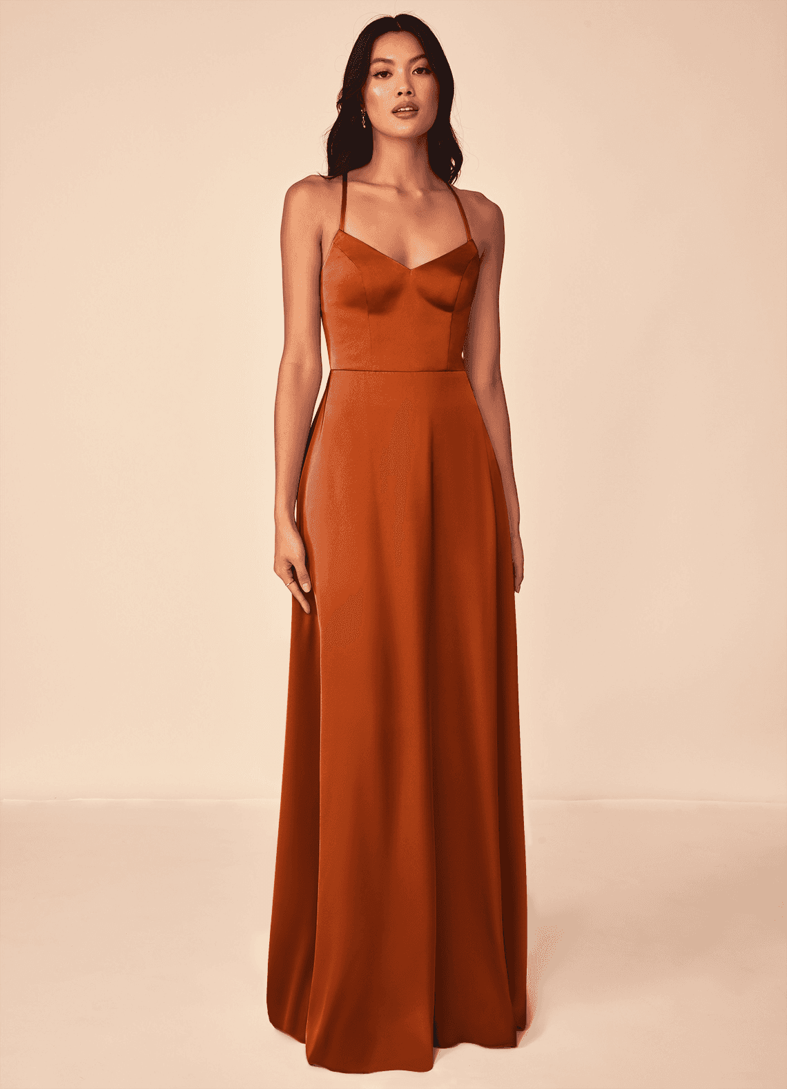 Mei A-Line V-Neck Stretch Satin Bridesmaid Dress in Burnt Orange