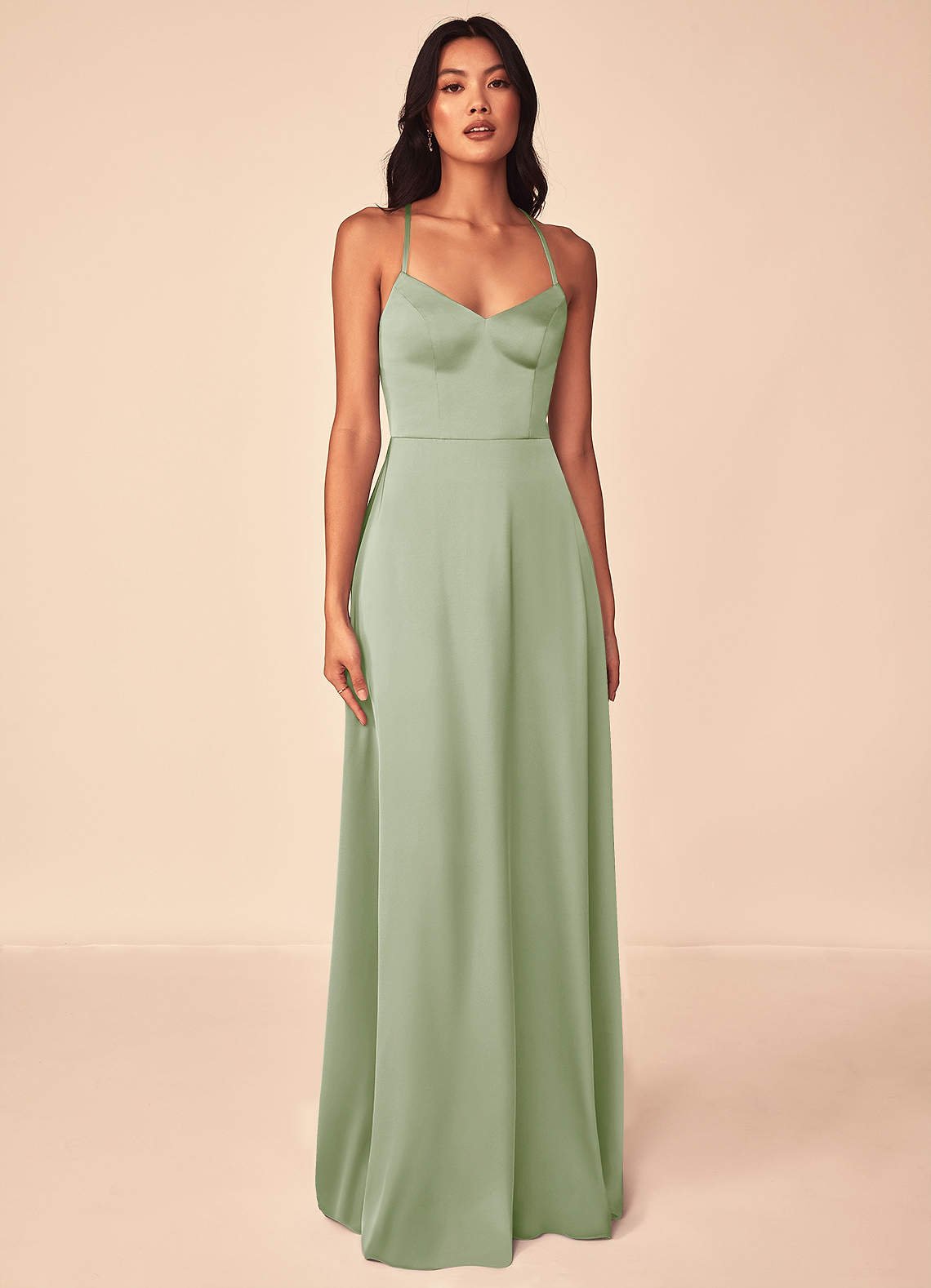 Mei A-Line V-Neck Stretch Satin Bridesmaid Dress in Dusty Sage