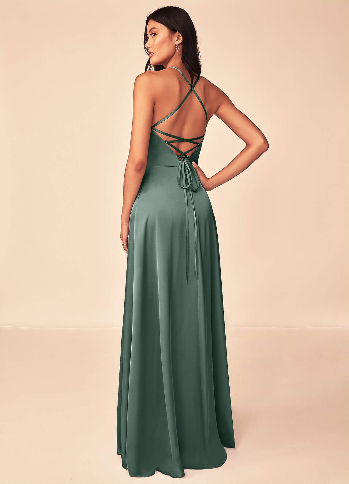 Mei A-Line V-Neck Stretch Satin Bridesmaid Dress in Sea Moss