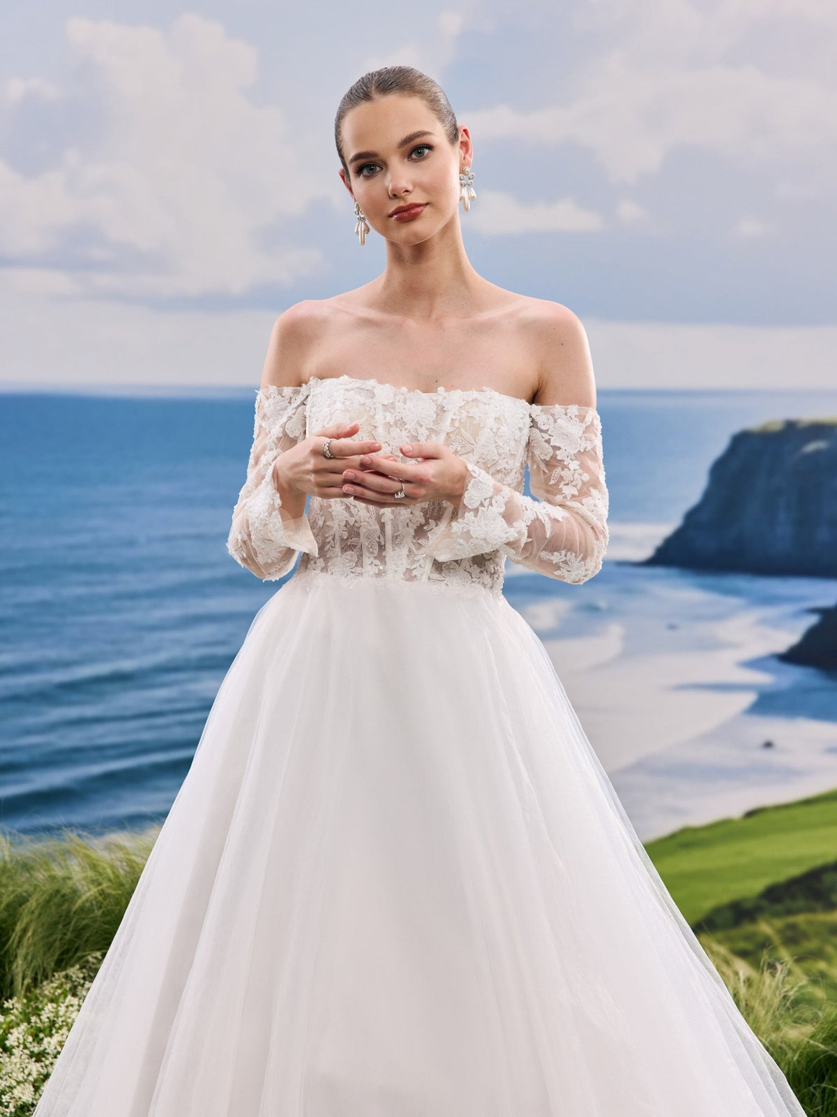 Jovelle white A-Line wedding dress, detail and alternate angle