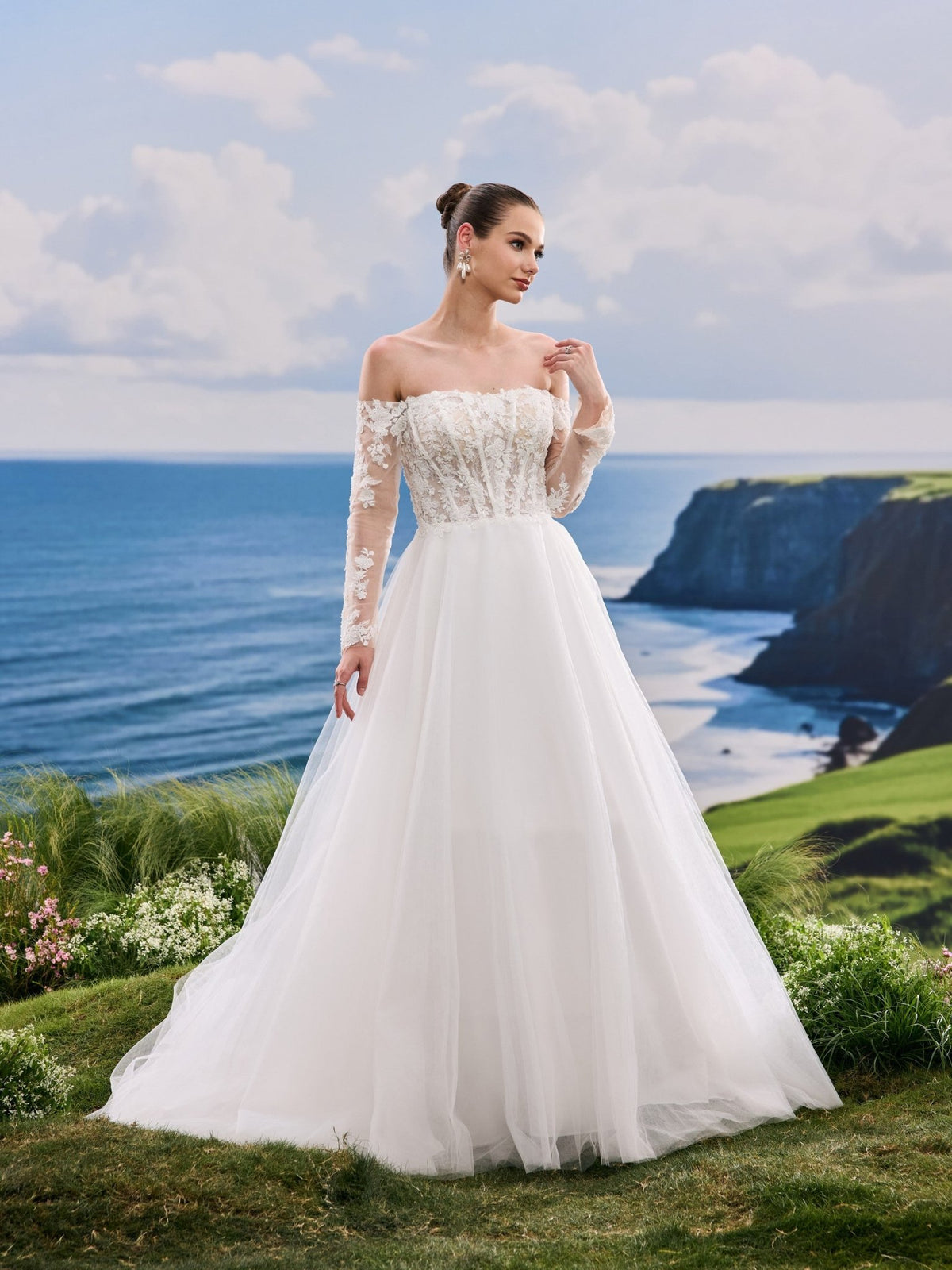 Jovelle white A-Line wedding dress, detail and alternate angle