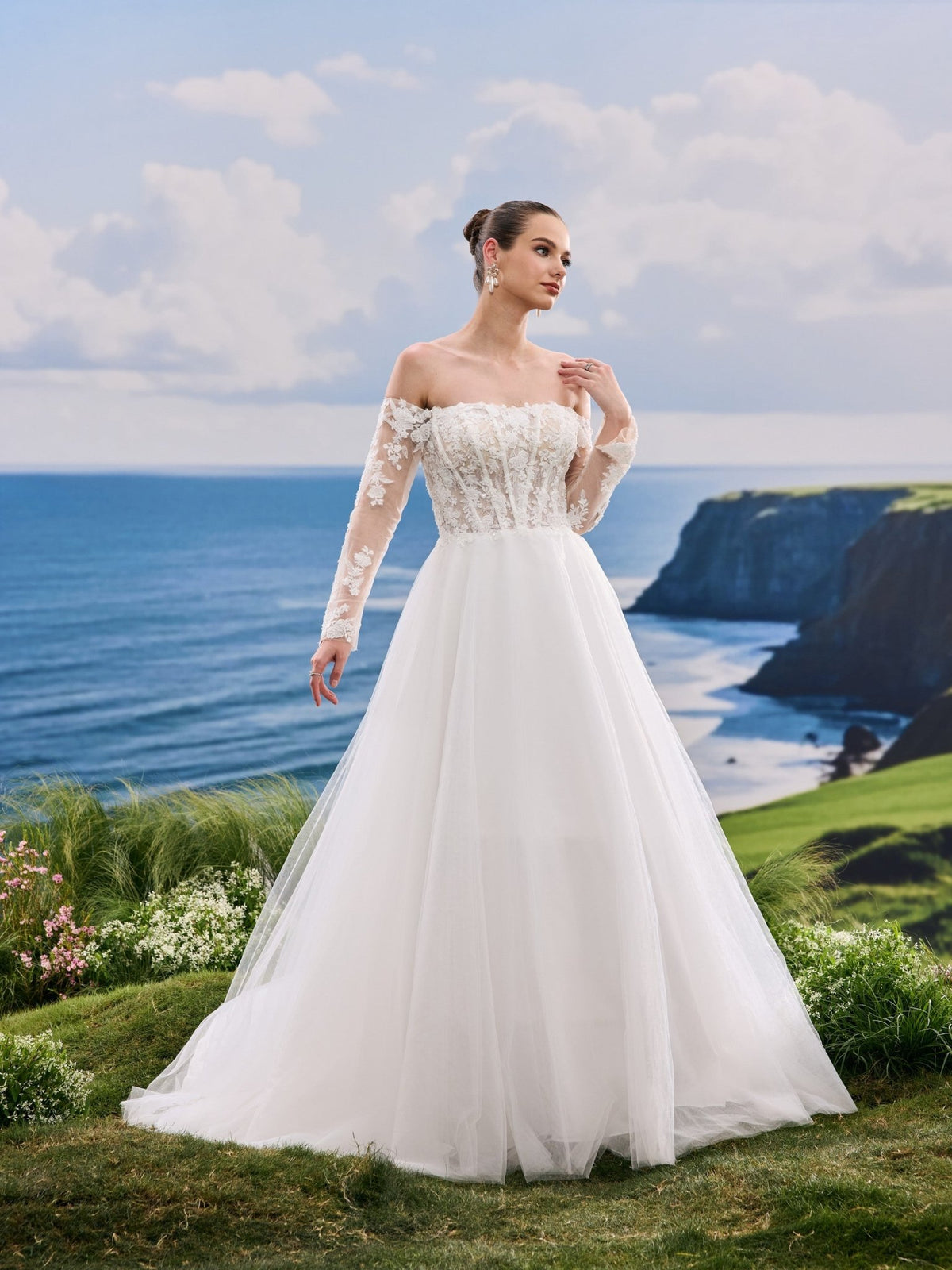 Jovelle white A-Line wedding dress, detail and alternate angle