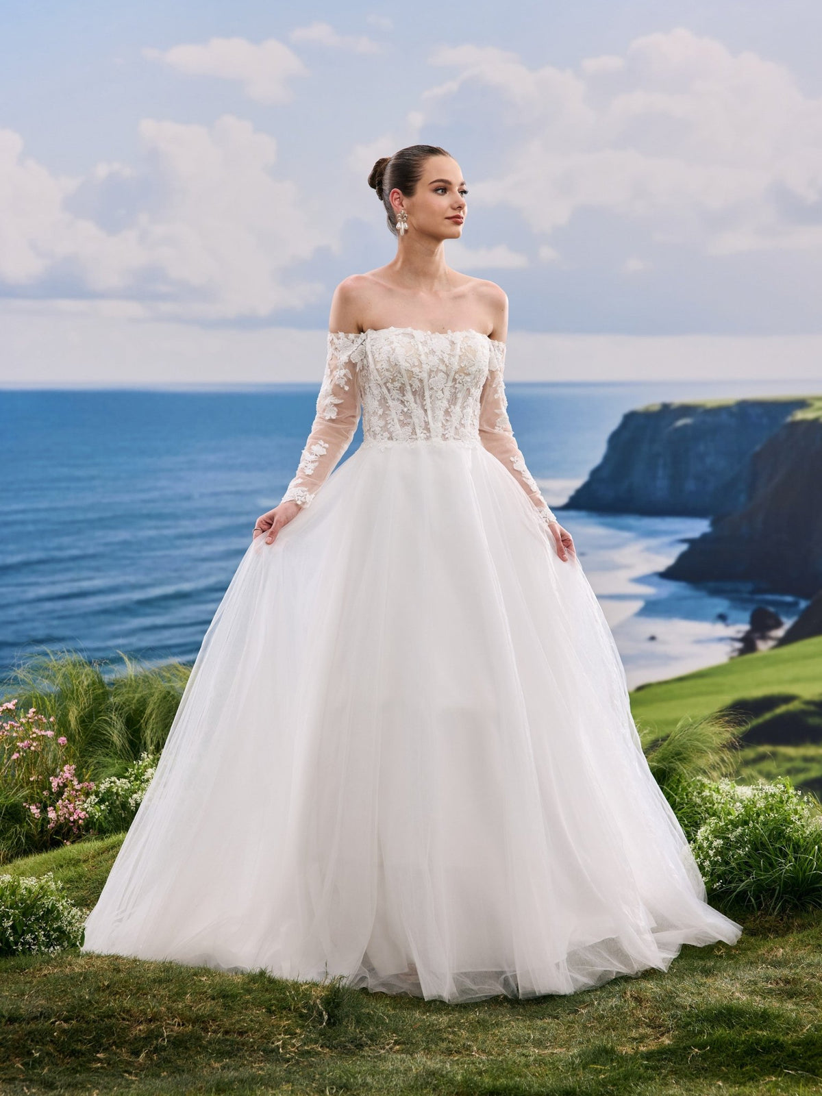 Jovelle white A-Line wedding dress, detail and alternate angle