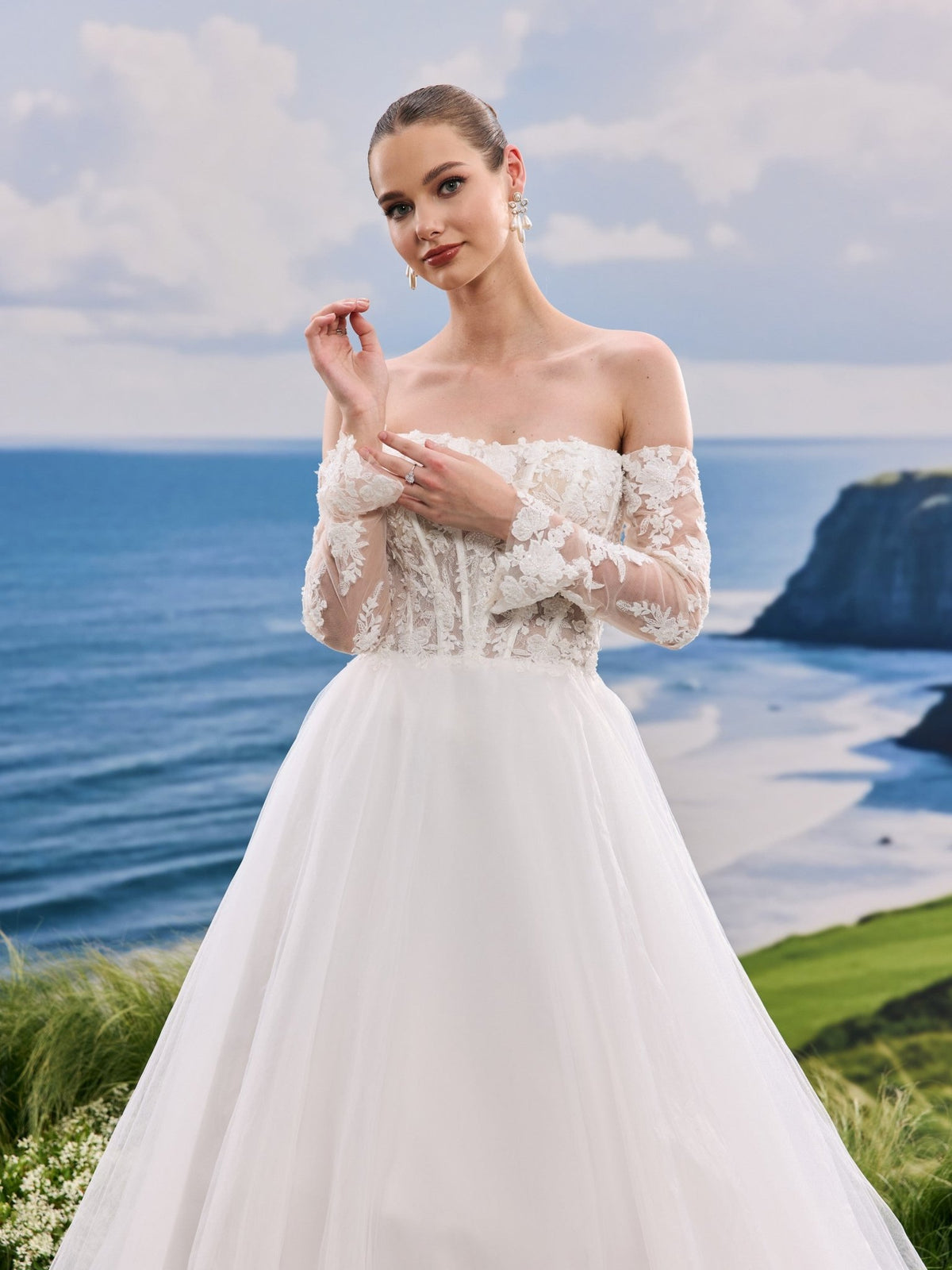 Jovelle white A-Line wedding dress, detail and alternate angle