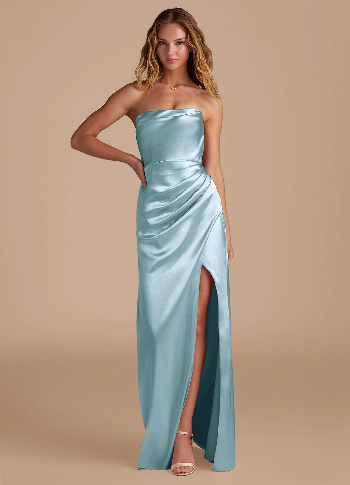 Leonis Mermaid Cowl-Neck Metallic Satin Bridesmaid Dress in Sky Blue