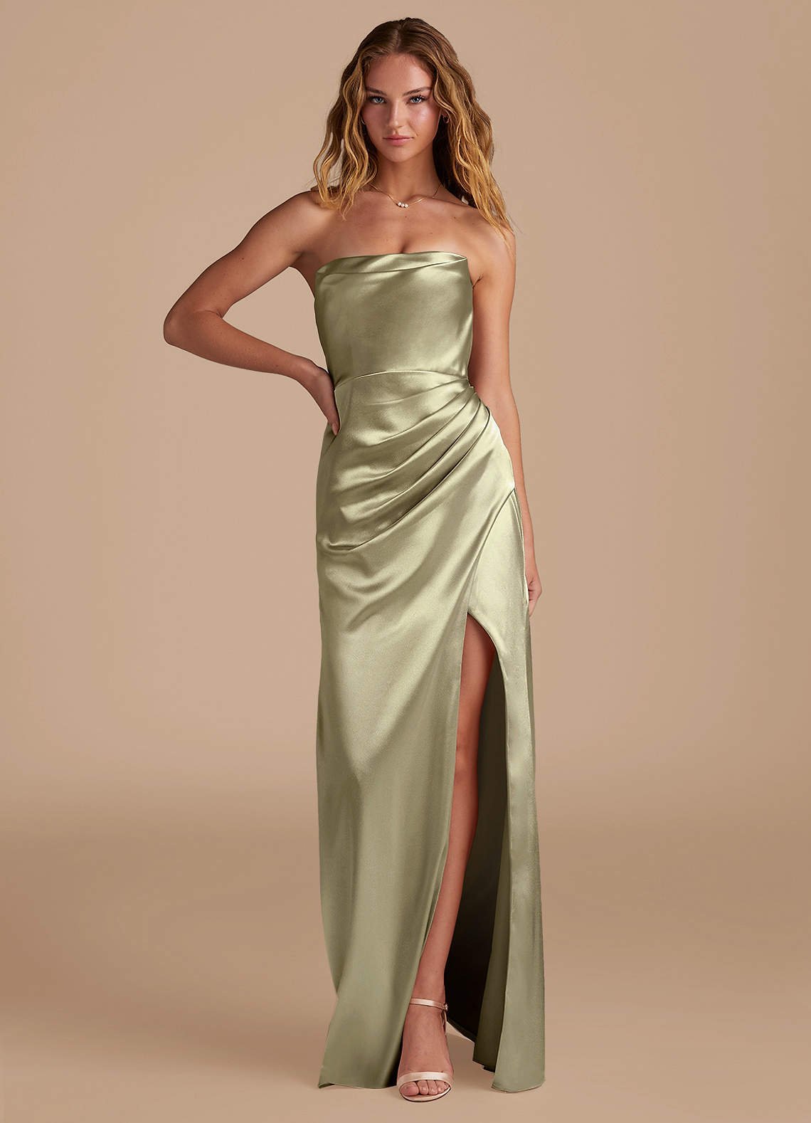Leonis Mermaid Cowl-Neck Metallic Satin Bridesmaid Dress in Moss Green
