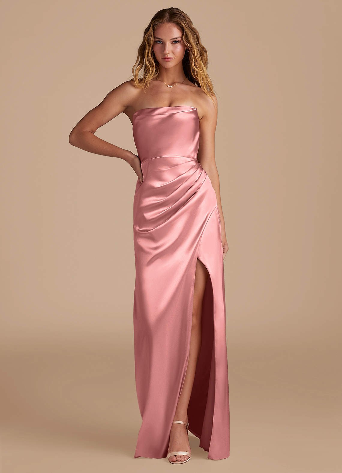 Leonis Mermaid Cowl-Neck Metallic Satin Bridesmaid Dress in Rosette