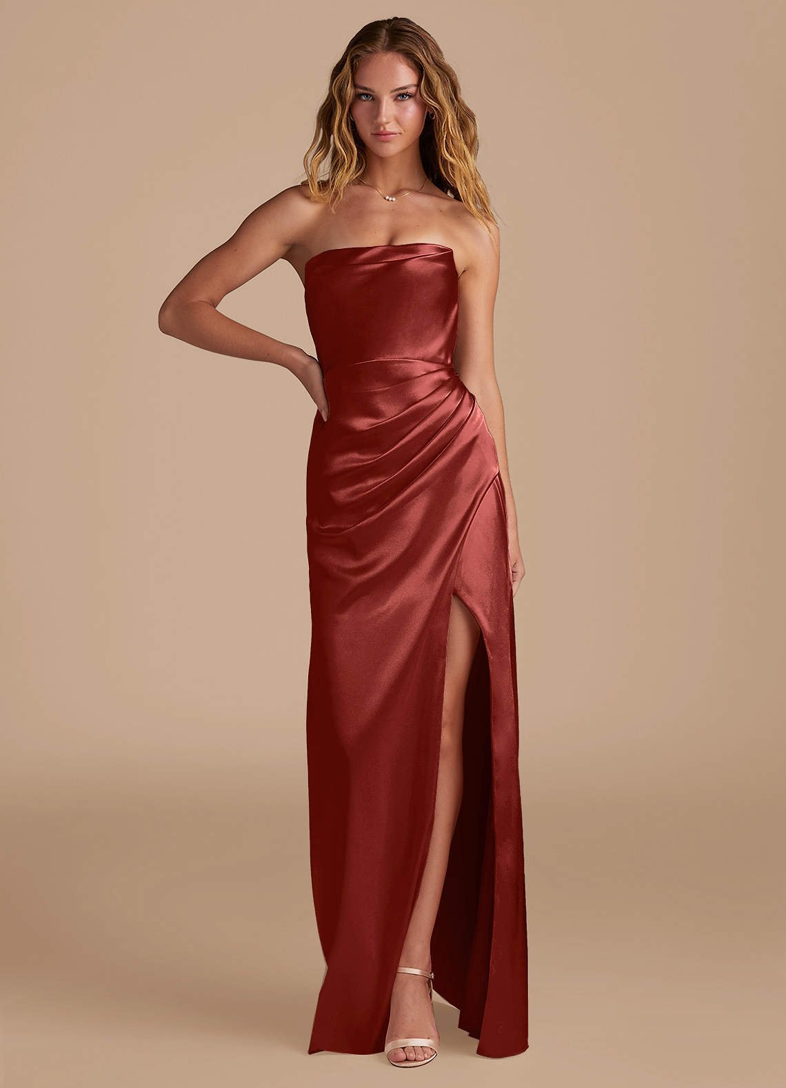 Leonis Mermaid Cowl-Neck Metallic Satin Bridesmaid Dress in Terracotta