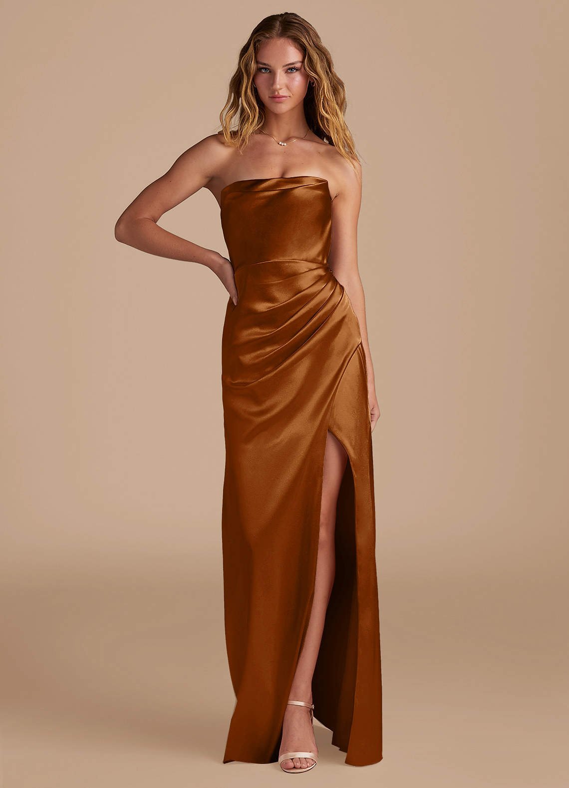 Leonis Mermaid Cowl-Neck Metallic Satin Bridesmaid Dress in Burgundy