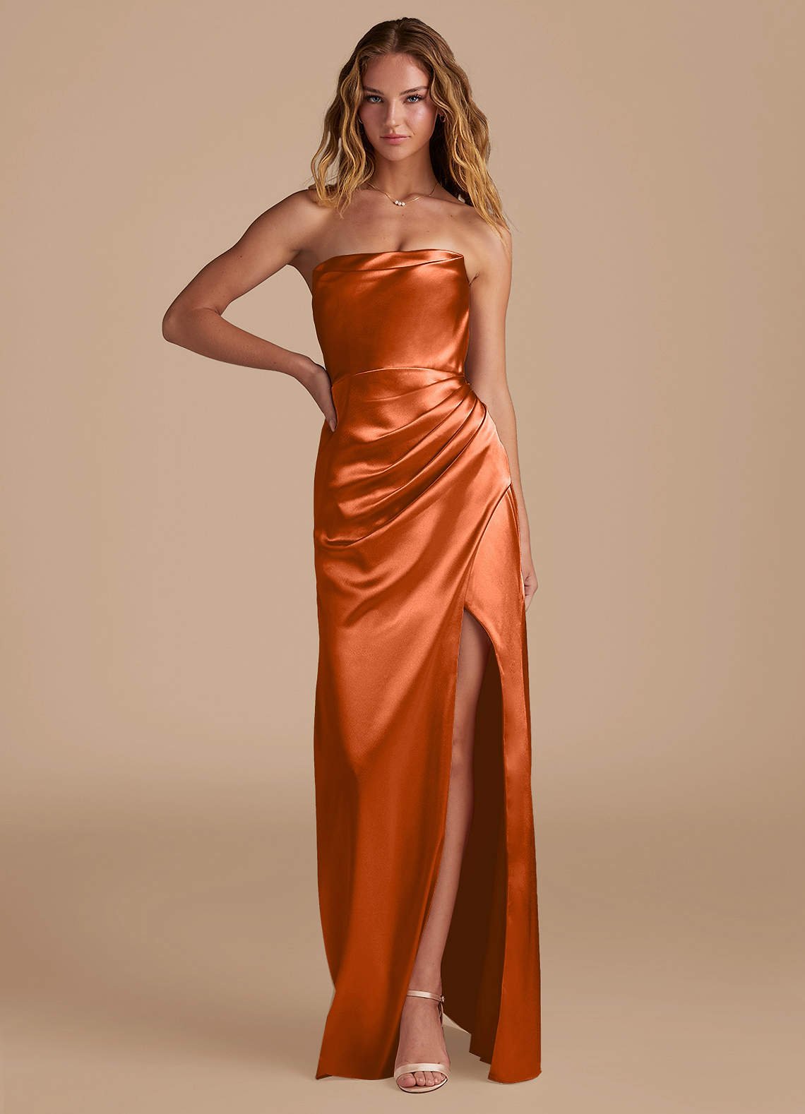 Leonis Mermaid Cowl-Neck Metallic Satin Bridesmaid Dress in Burnt Orange