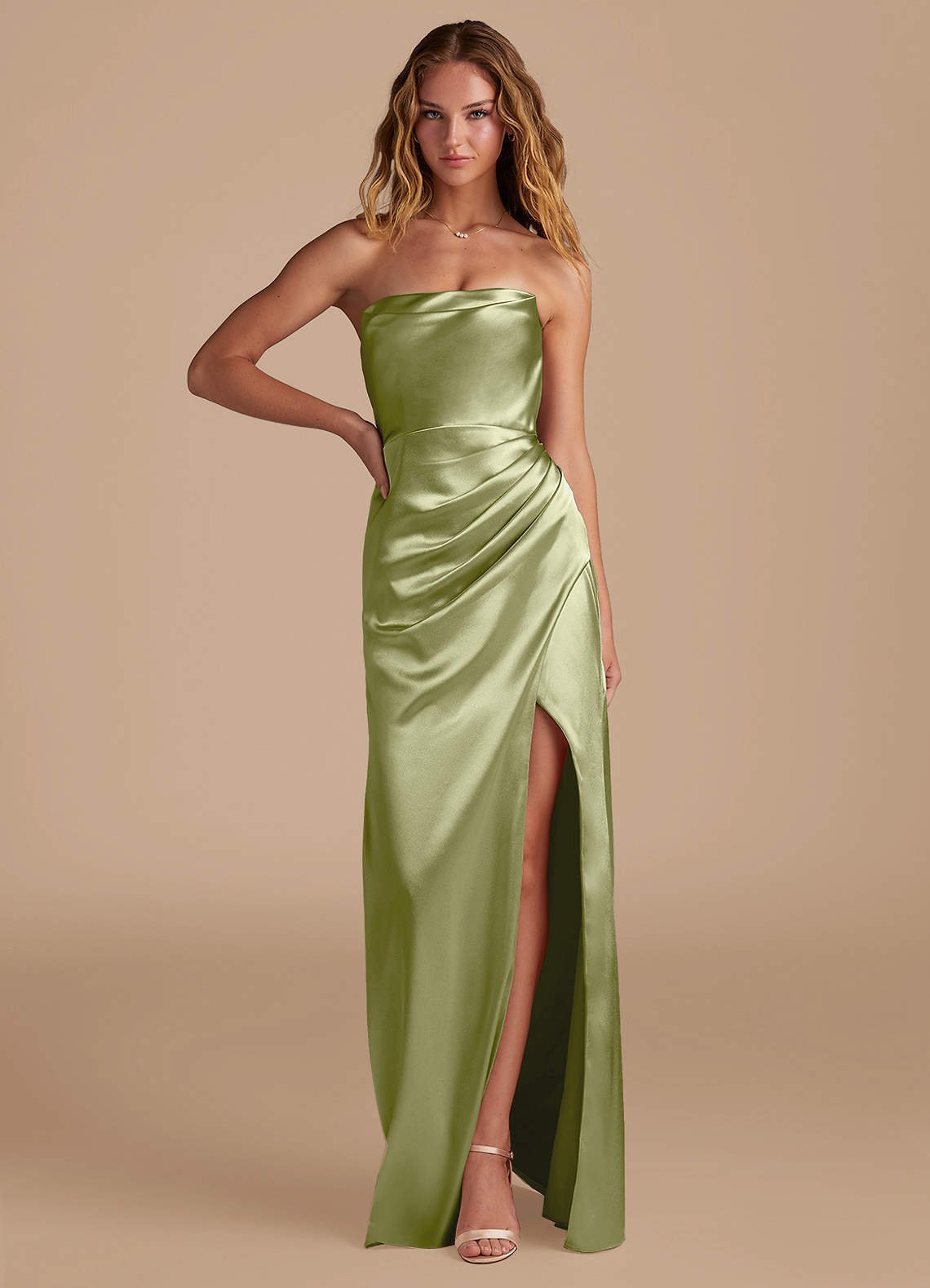 Leonis Mermaid Cowl-Neck Metallic Satin Bridesmaid Dress in Pistachio