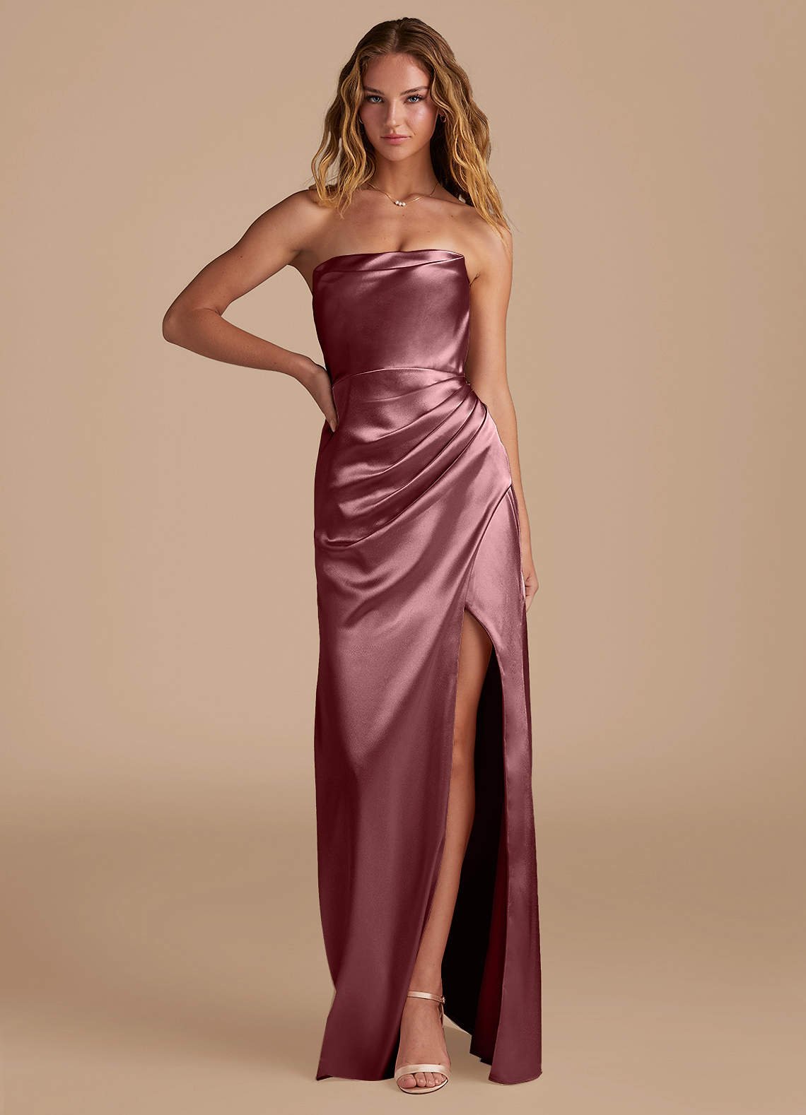Leonis Mermaid Cowl-Neck Metallic Satin Bridesmaid Dress in Vintage Mauve