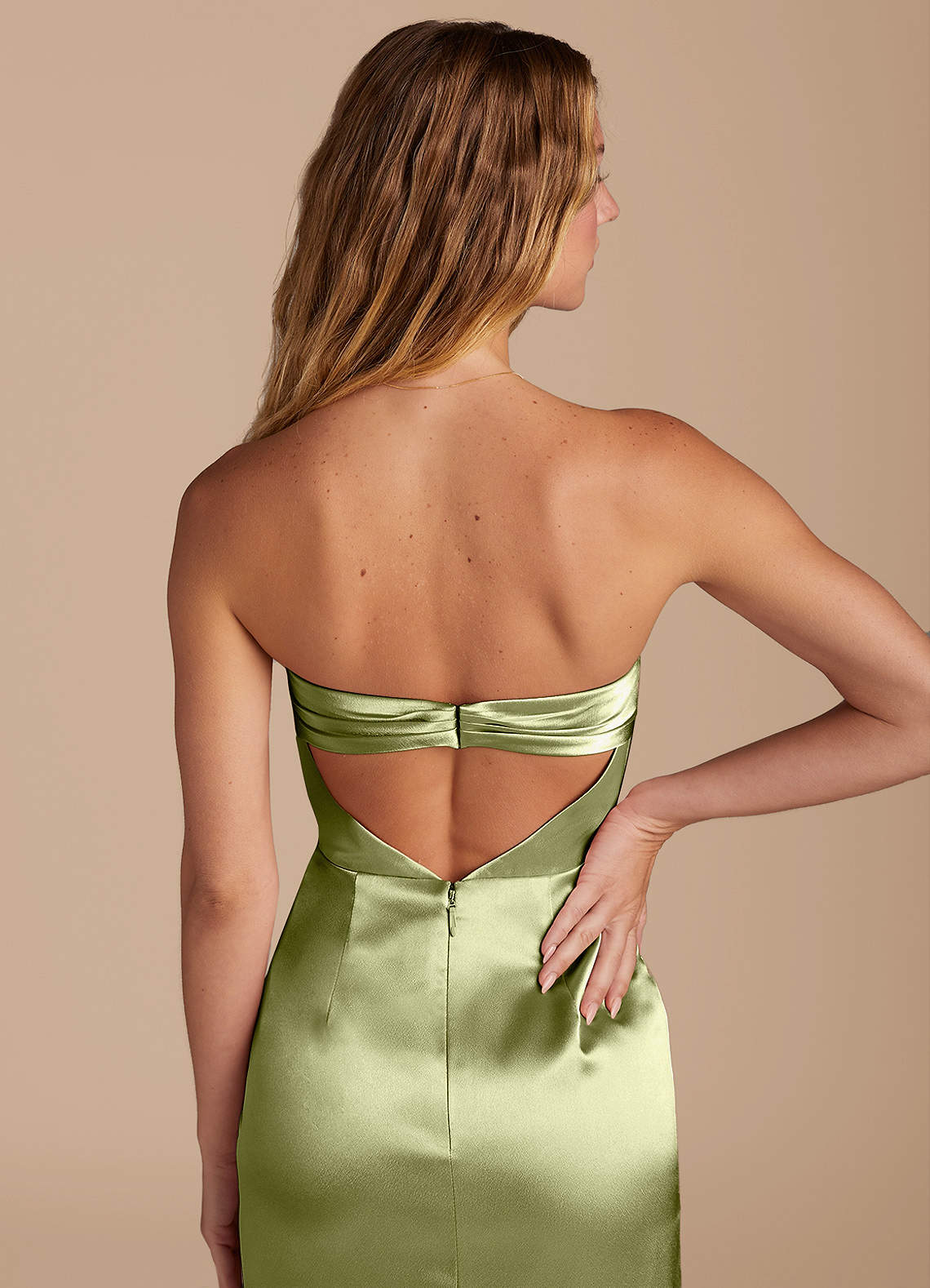 Leonis Mermaid Cowl-Neck Metallic Satin Bridesmaid Dress in Pistachio
