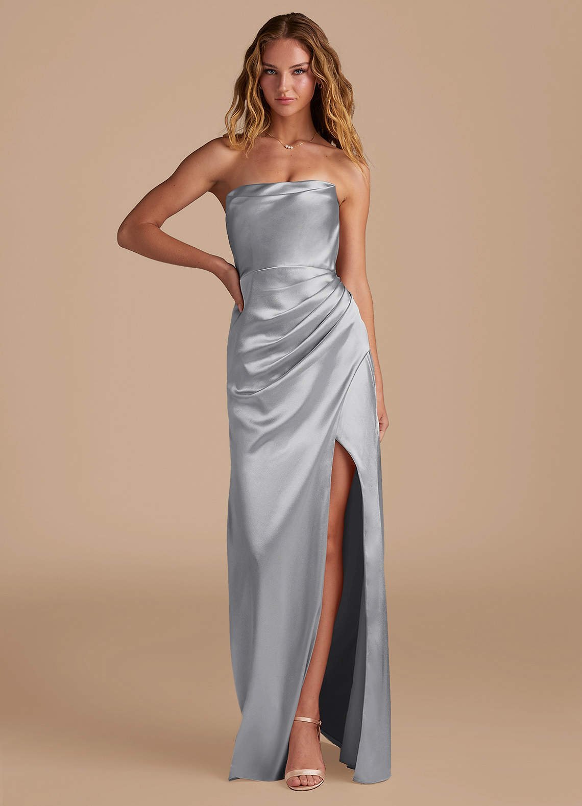 Leonis Mermaid Cowl-Neck Metallic Satin Bridesmaid Dress in Silver