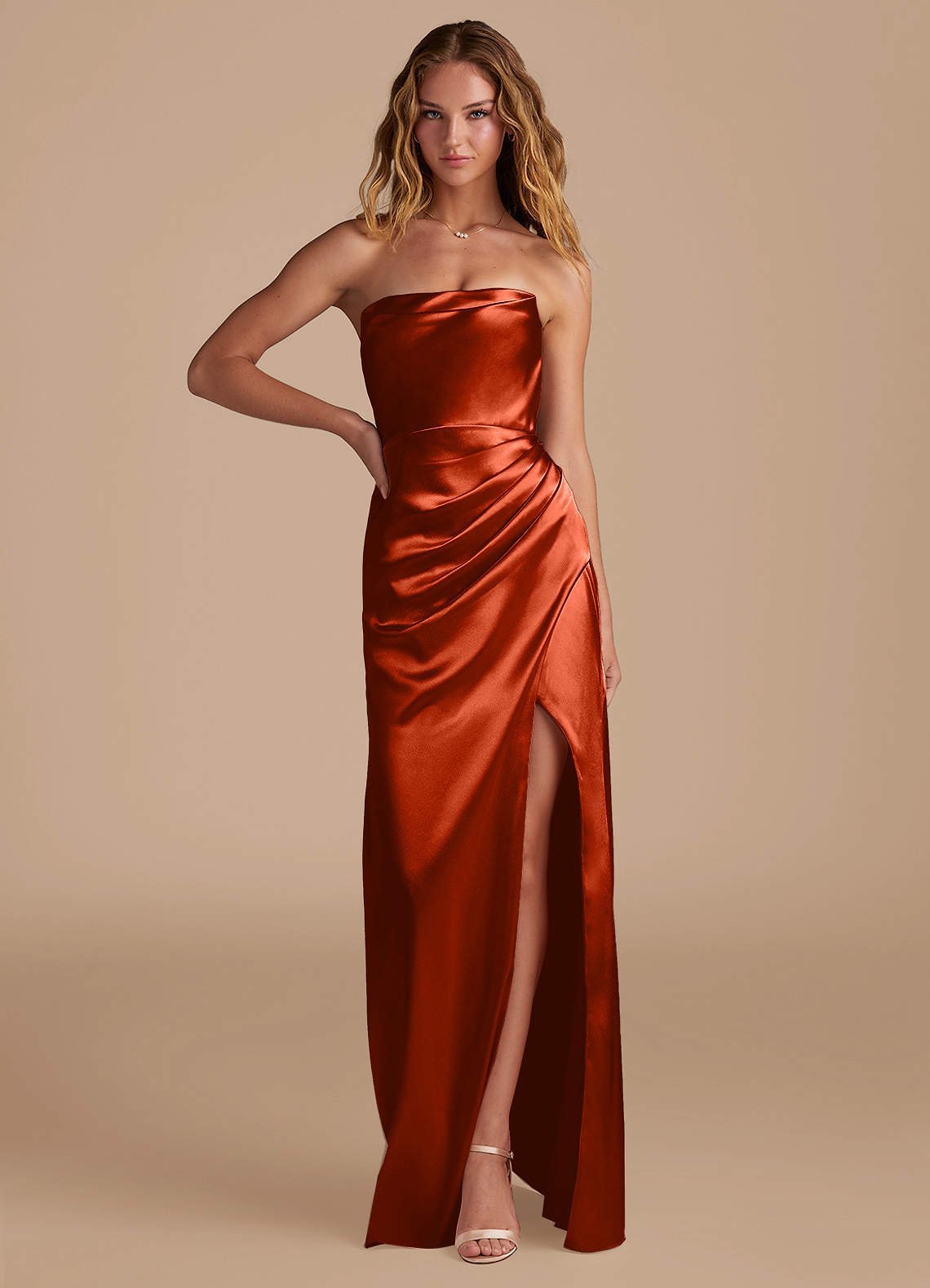 Leonis Mermaid Cowl-Neck Metallic Satin Bridesmaid Dress in Paprika