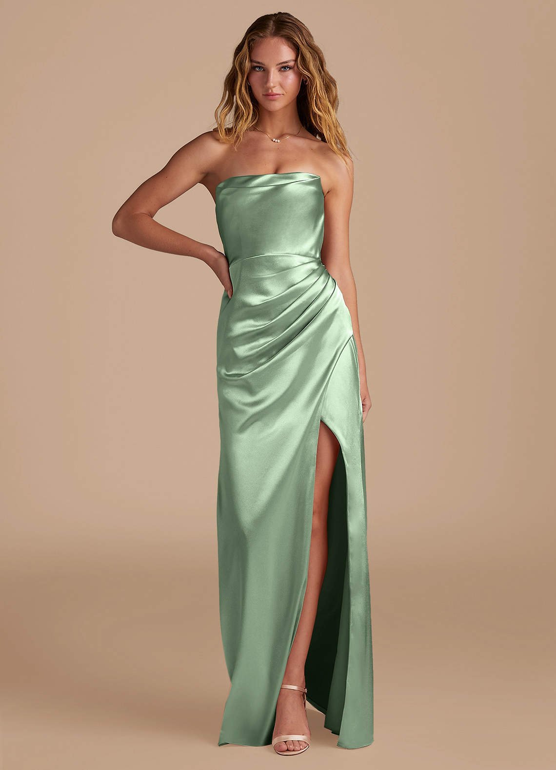 Leonis Mermaid Cowl-Neck Metallic Satin Bridesmaid Dress in Matcha