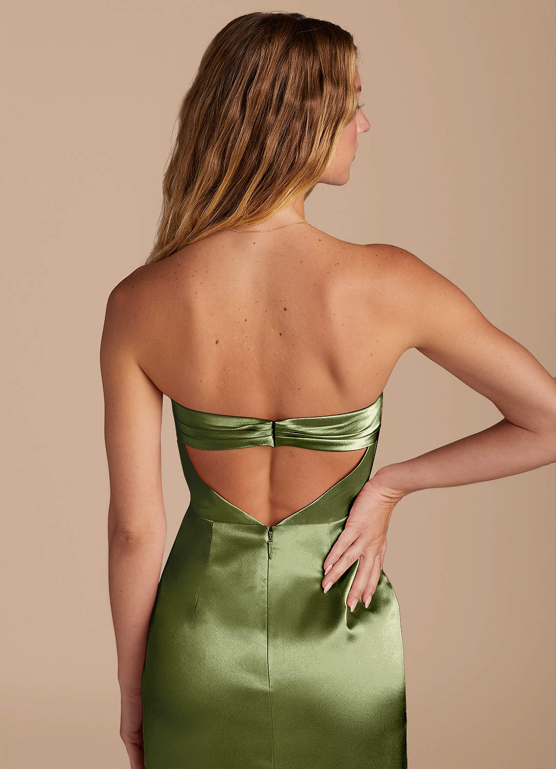 Leonis Mermaid Cowl-Neck Metallic Satin Bridesmaid Dress in Olive